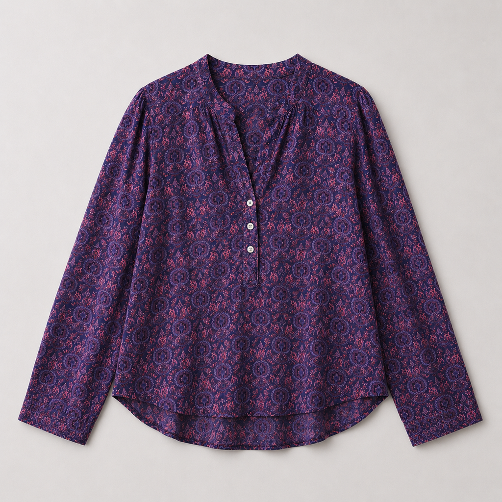 Women’s Printed Henley Neck Blouse | Long Sleeve