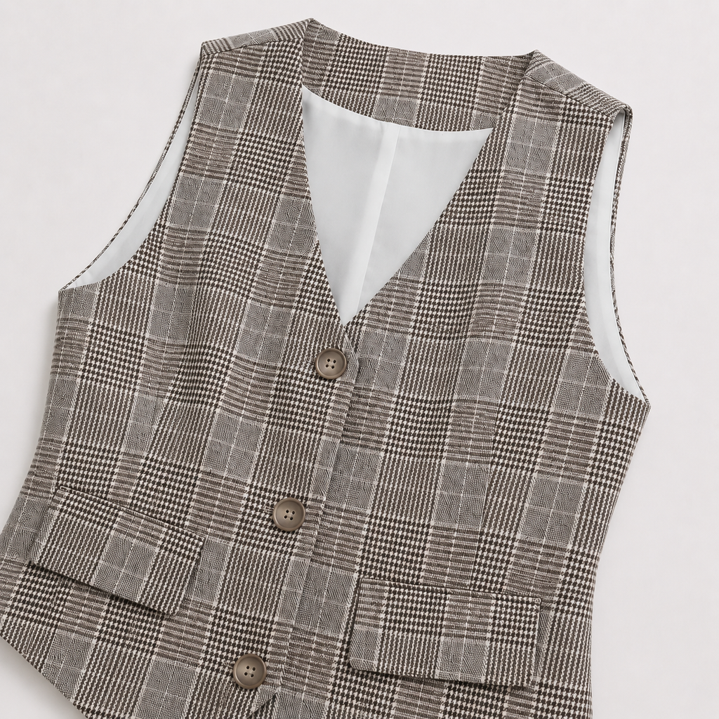 Women's Beige Plaid Button-Front Waistcoat