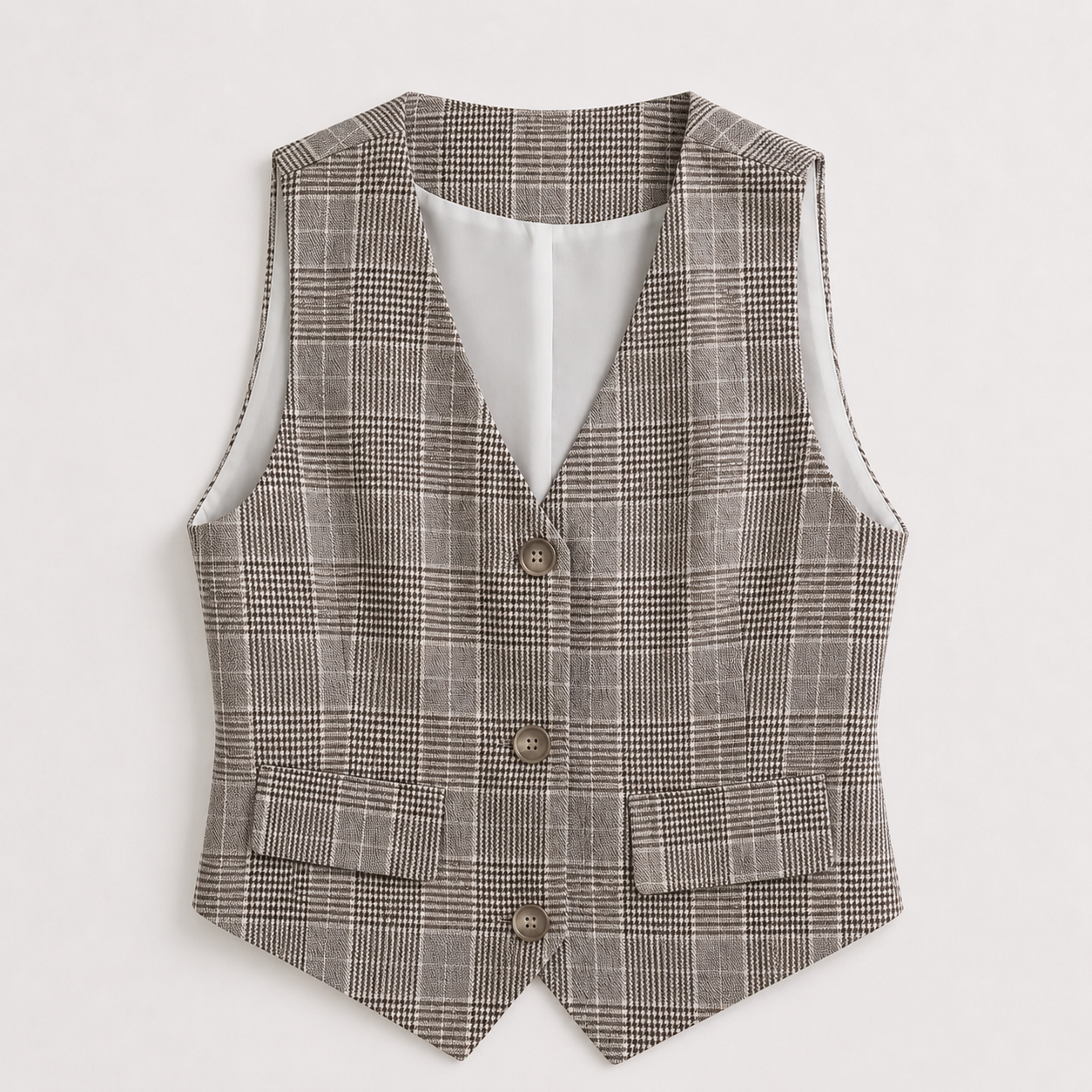 Women's Beige Plaid Button-Front Waistcoat