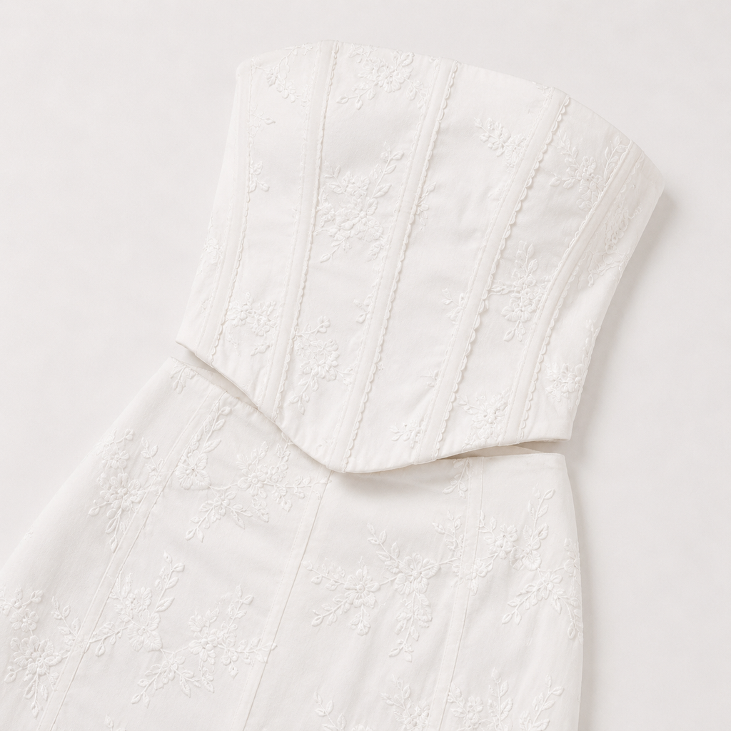 Women's White Strapless Maxi Dress - Embroidered