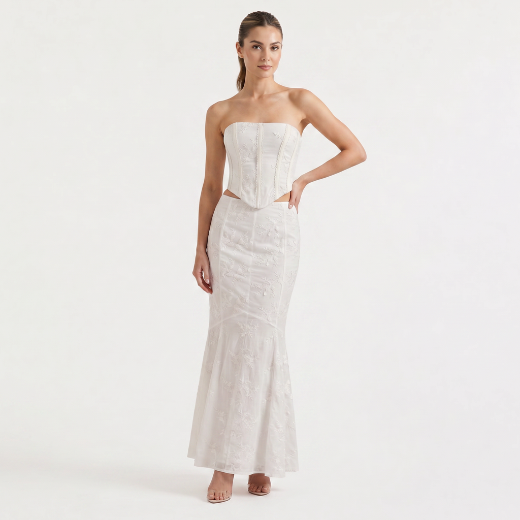 Women's White Strapless Maxi Dress - Embroidered