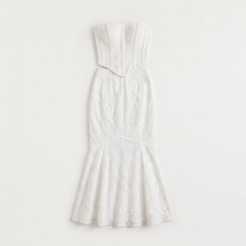 Women's White Strapless Maxi Dress - Embroidered