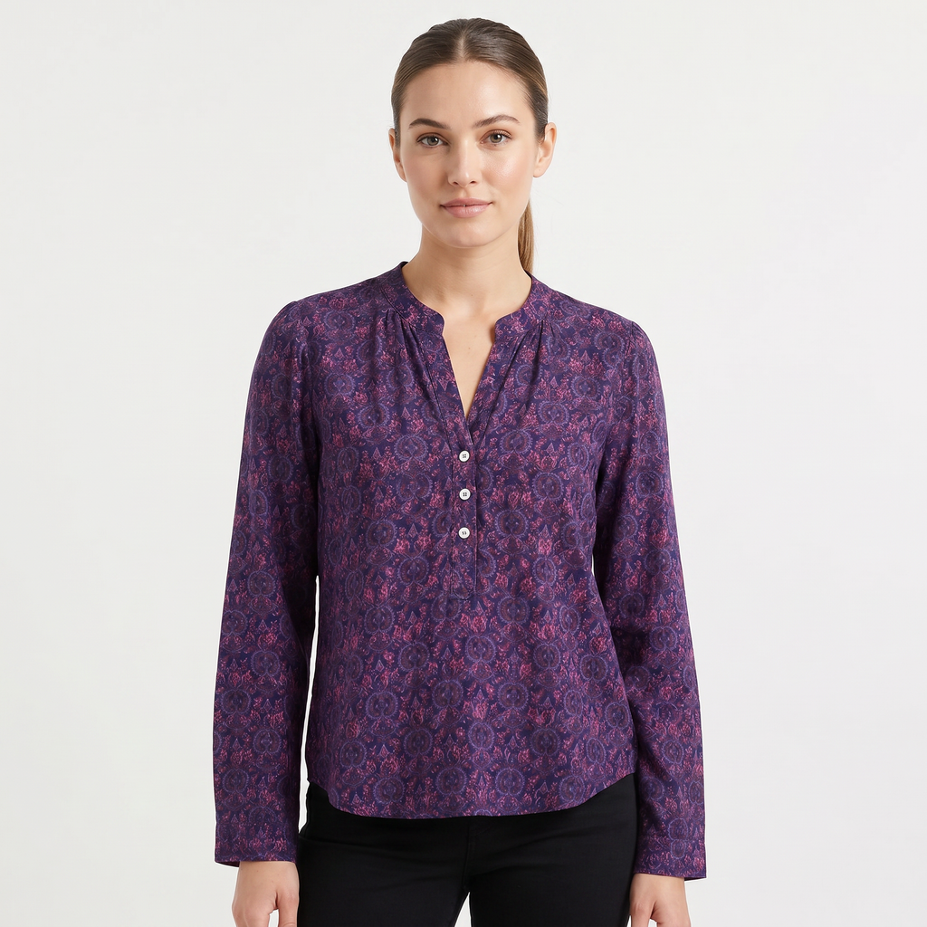 Women’s Printed Henley Neck Blouse | Long Sleeve