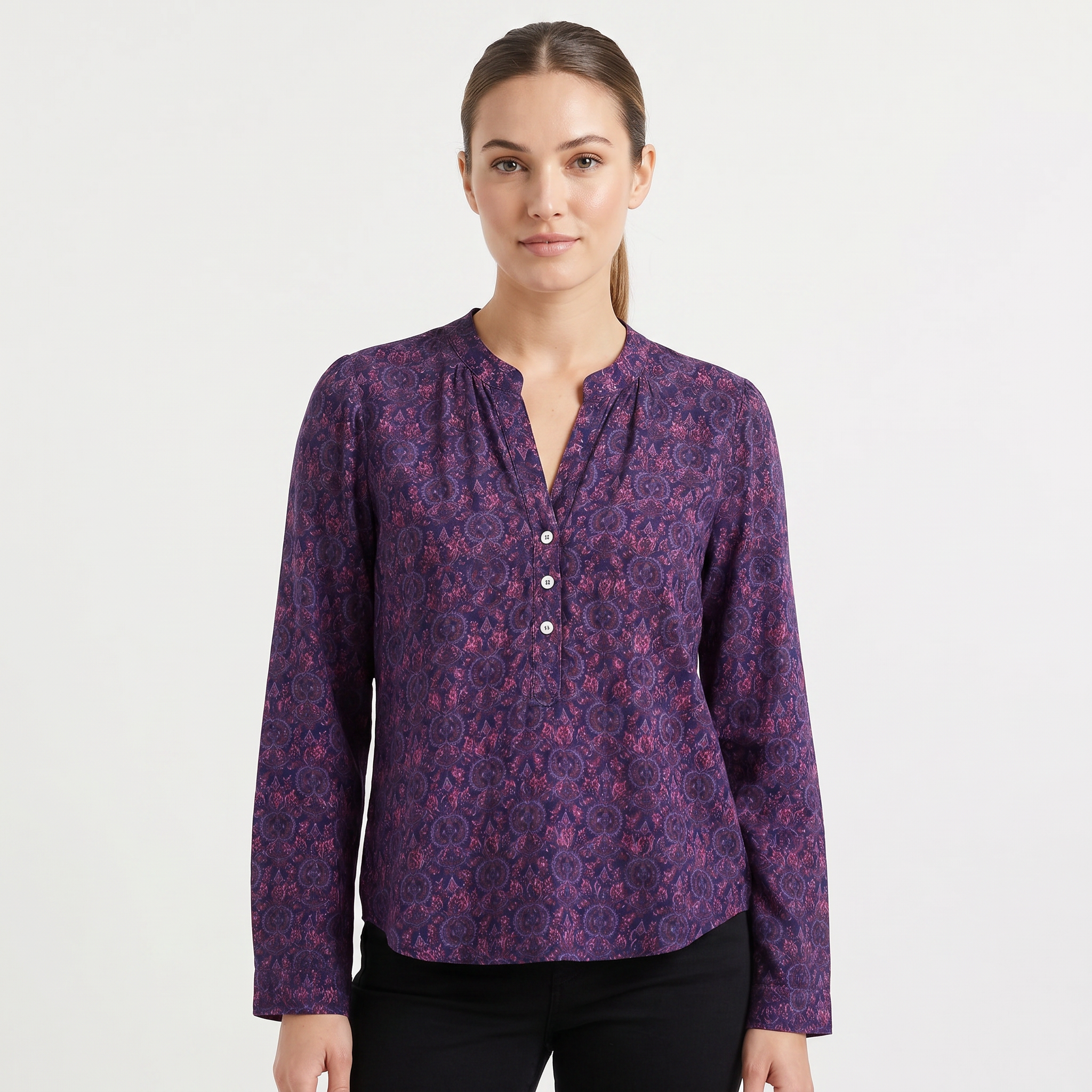 Women’s Printed Henley Neck Blouse | Long Sleeve