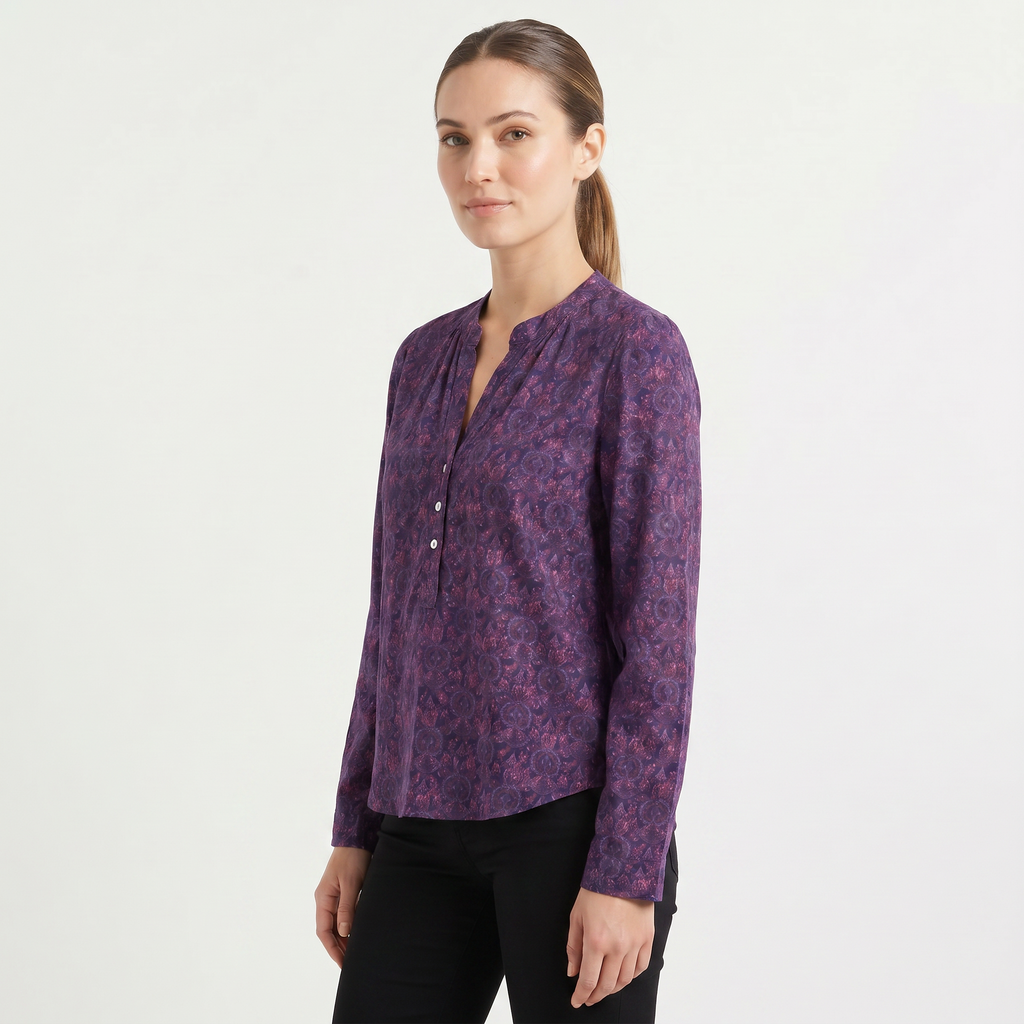 Women’s Printed Henley Neck Blouse | Long Sleeve