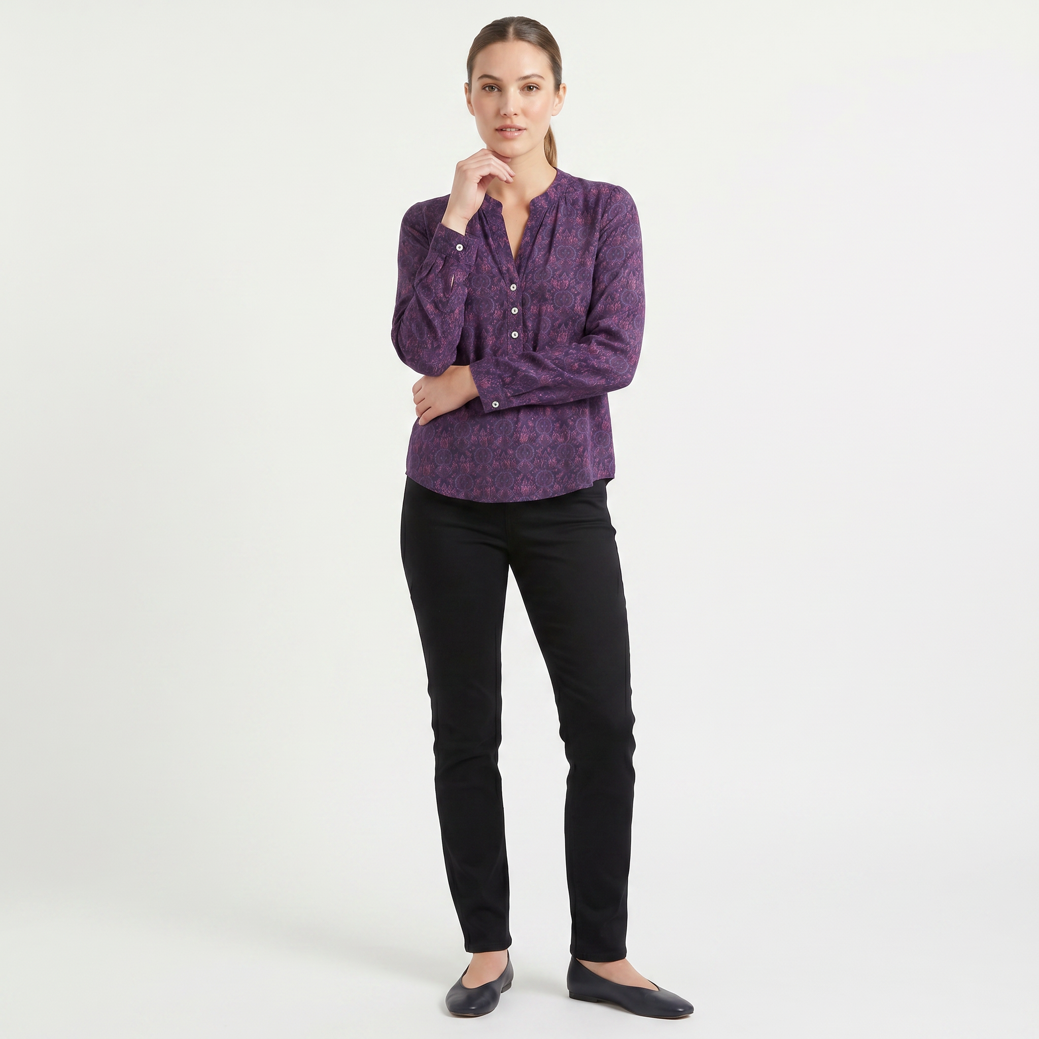 Women’s Printed Henley Neck Blouse | Long Sleeve
