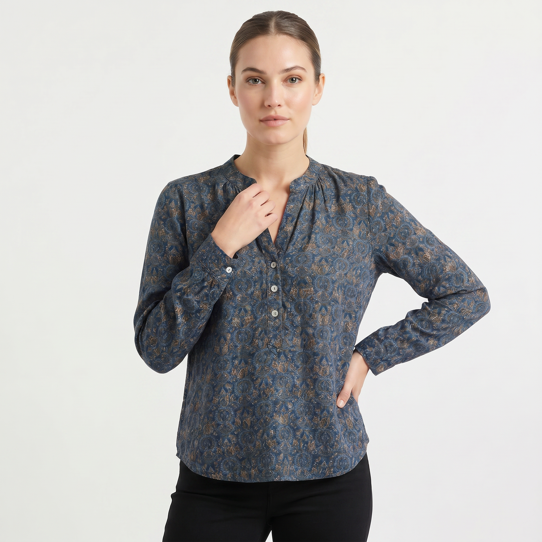 Women’s Printed Henley Neck Blouse | Long Sleeve