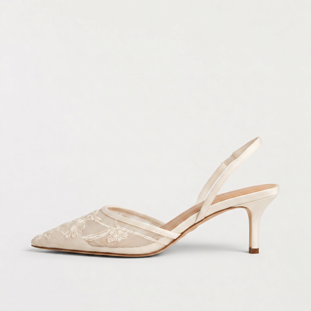 Women's Embroidered Mesh Mule Heels - Pointed Toe