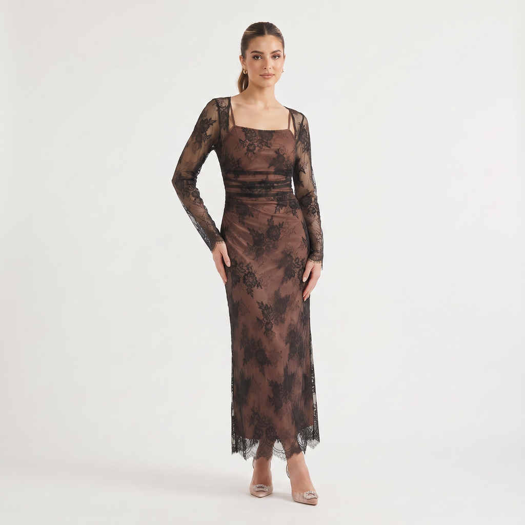 Women's Square Neck Embroidered Long-Sleeve Maxi Dress