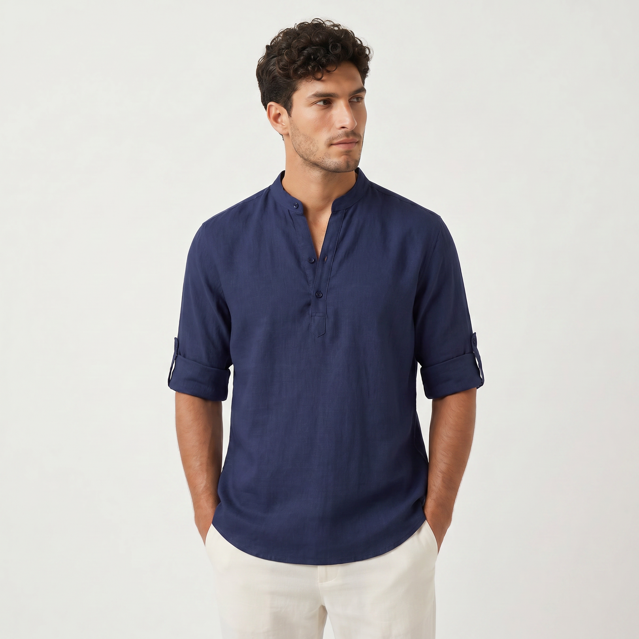 Men's Henley Neck Roll Sleeve Shirt
