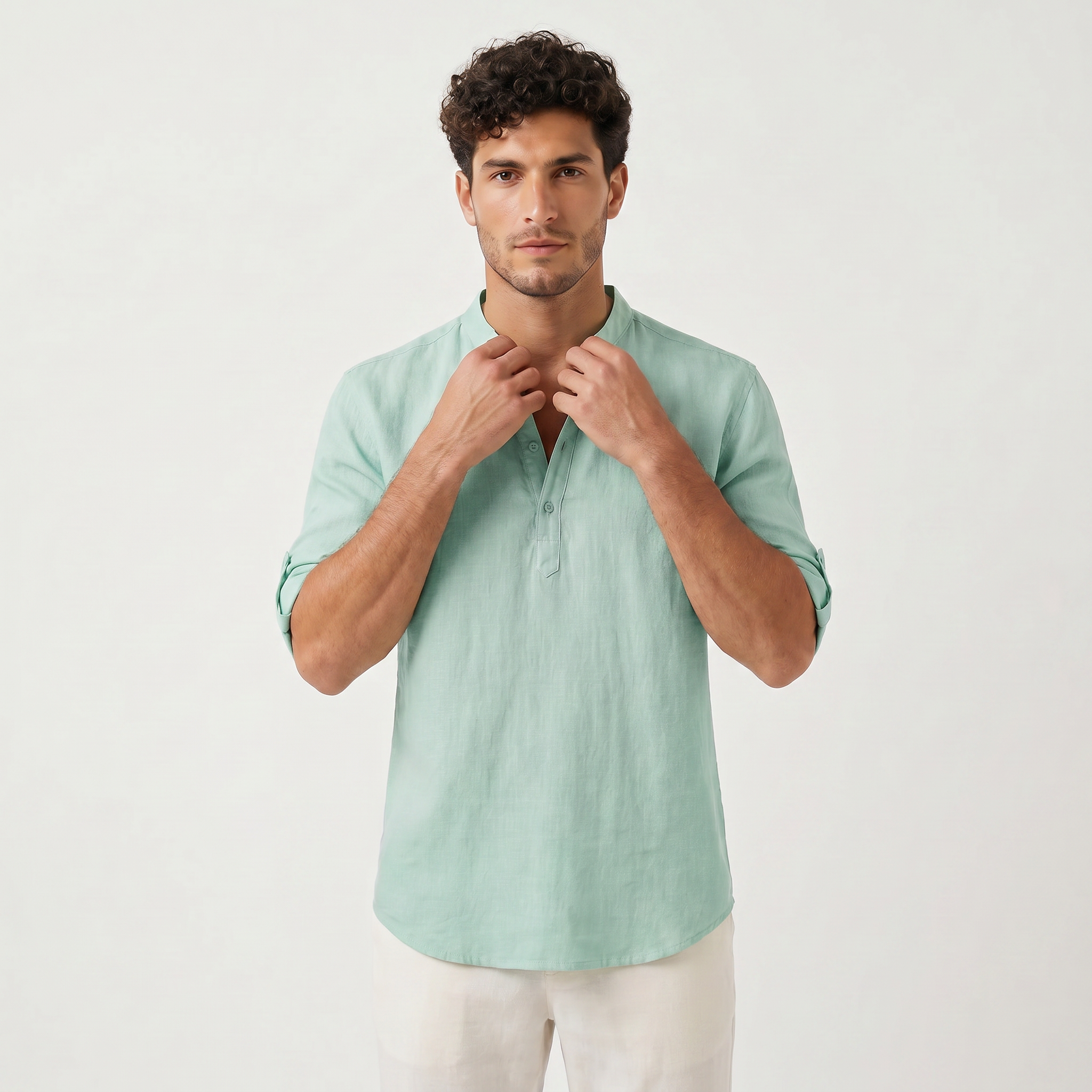 Men's Henley Neck Roll Sleeve Shirt