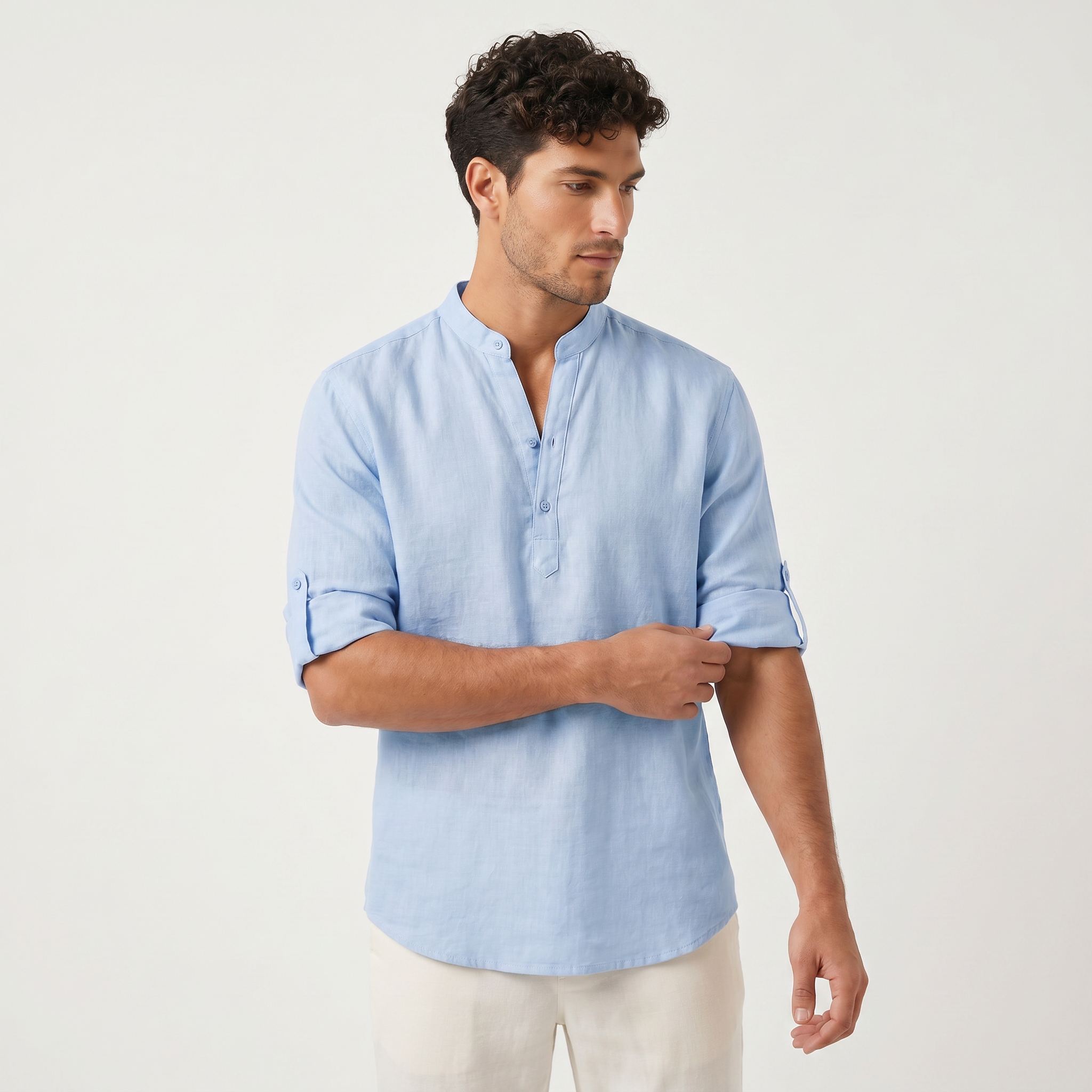 Men's Henley Neck Roll Sleeve Shirt
