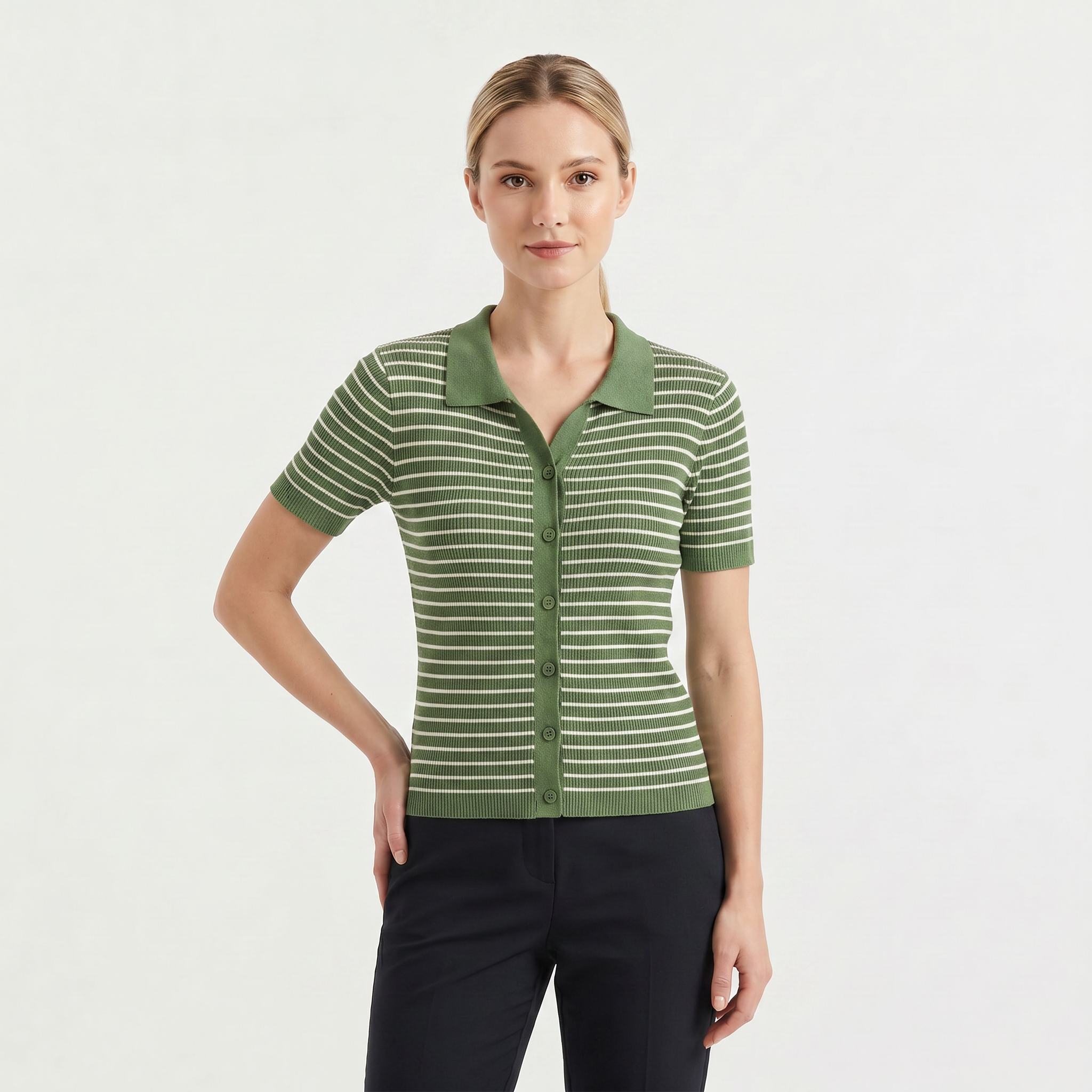 Women's Striped Button-Up Polo Shirt