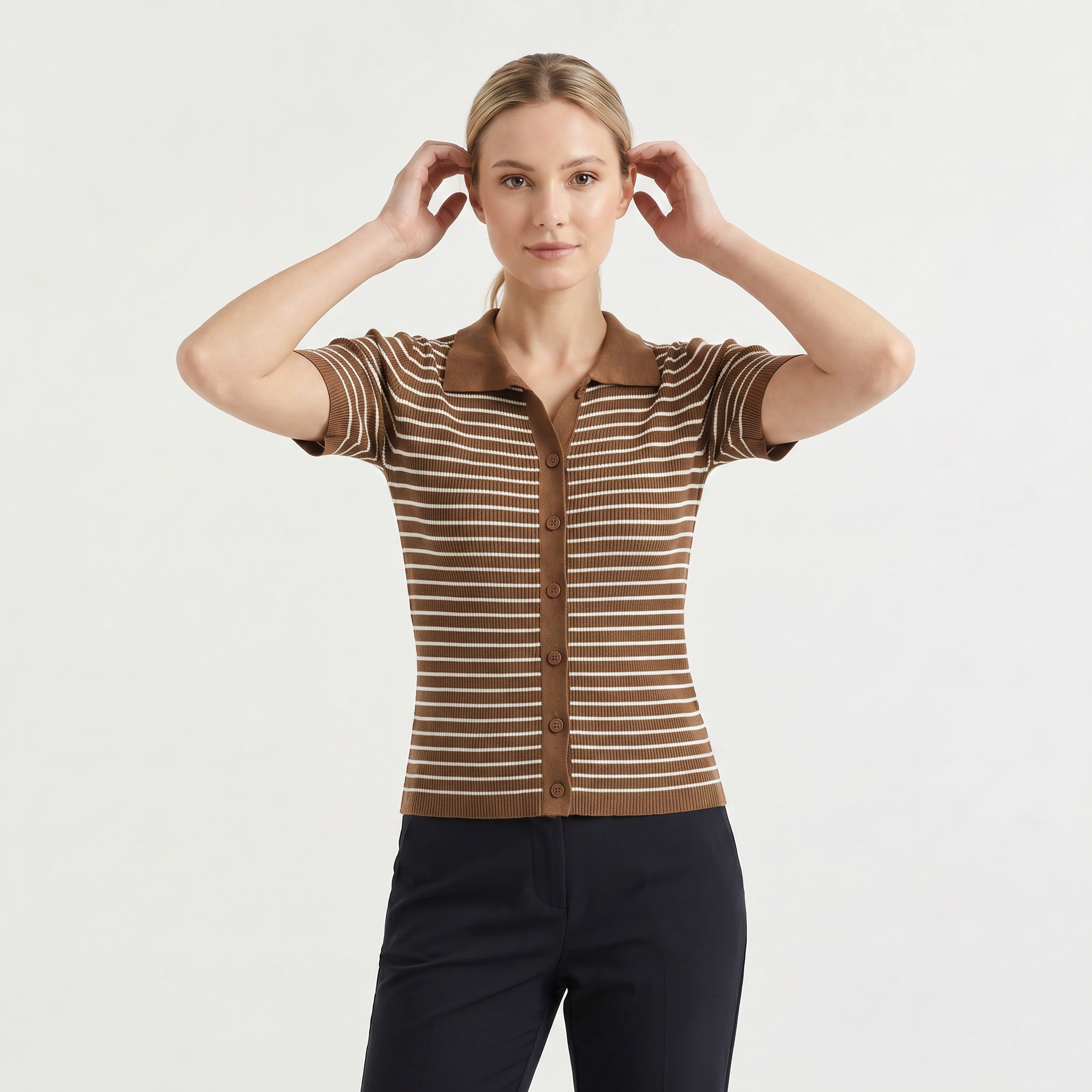 Women's Striped Button-Up Polo Shirt