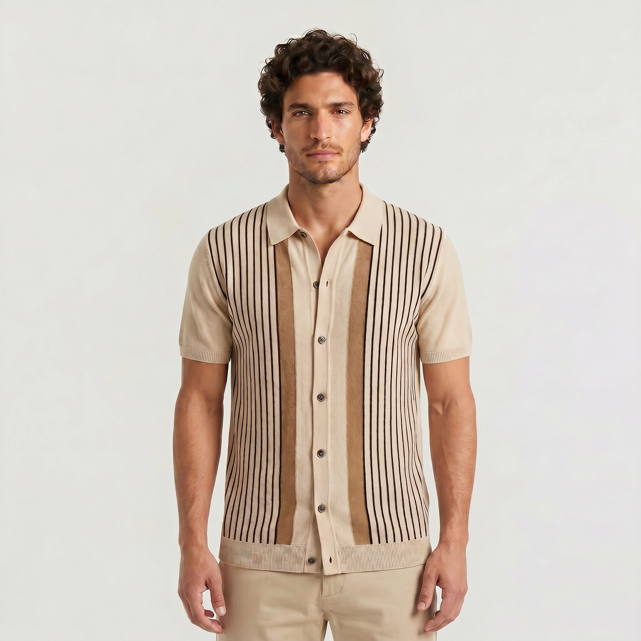 Men's Vertical Striped Full-Button Knit Polo