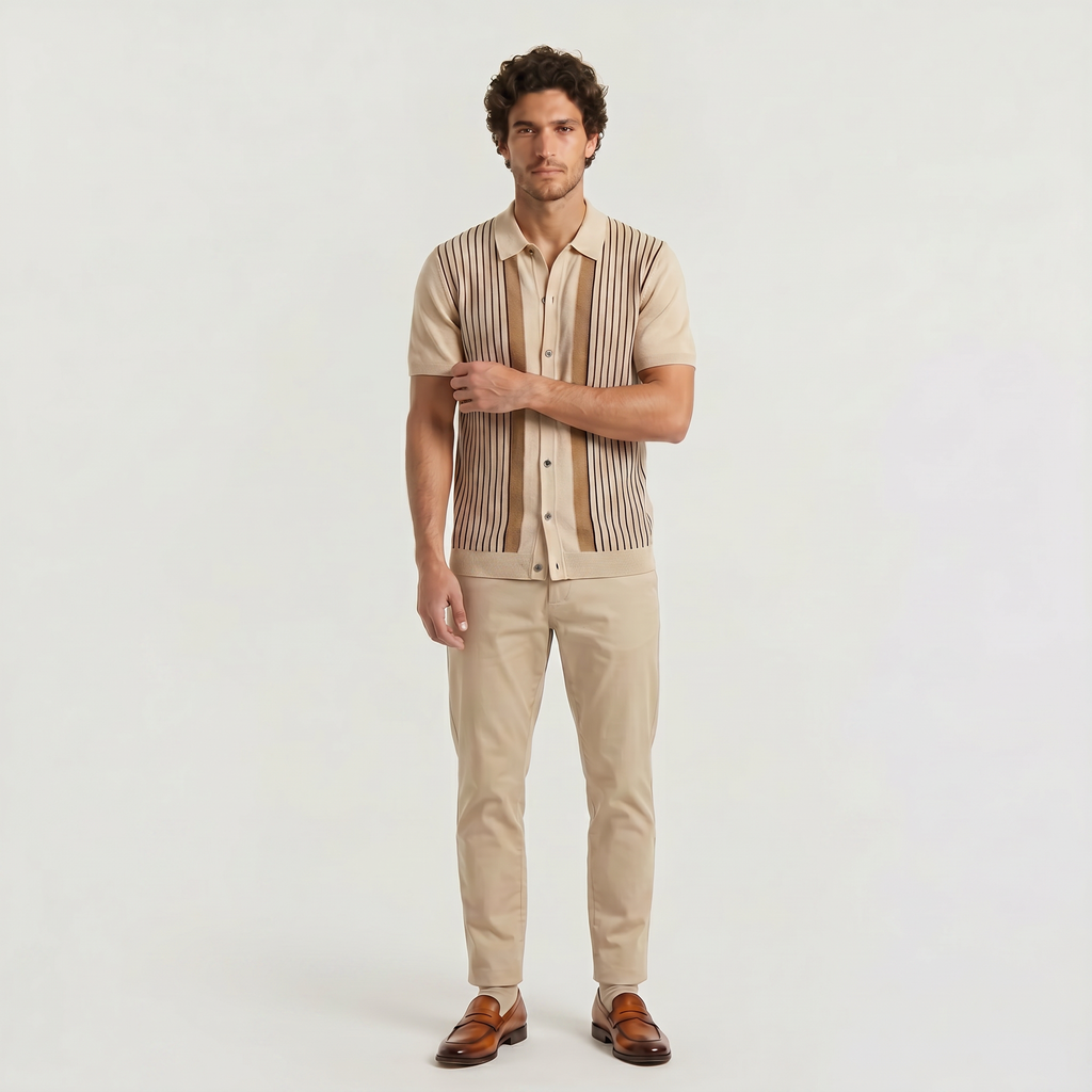 Men's Vertical Striped Full-Button Knit Polo