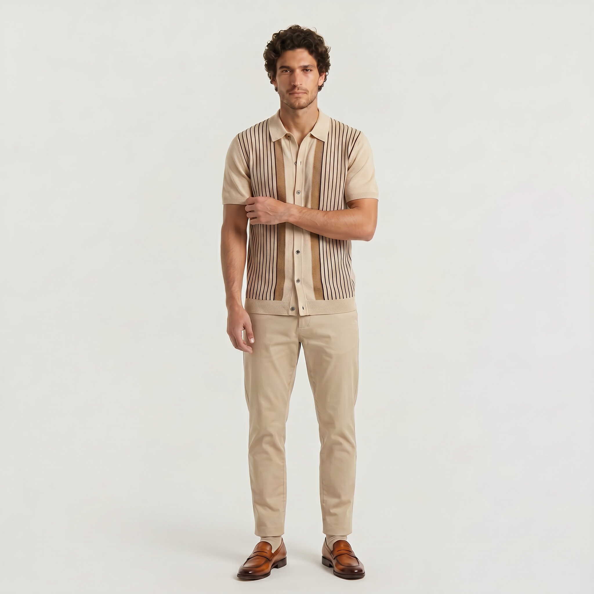 Men's Vertical Striped Full-Button Knit Polo