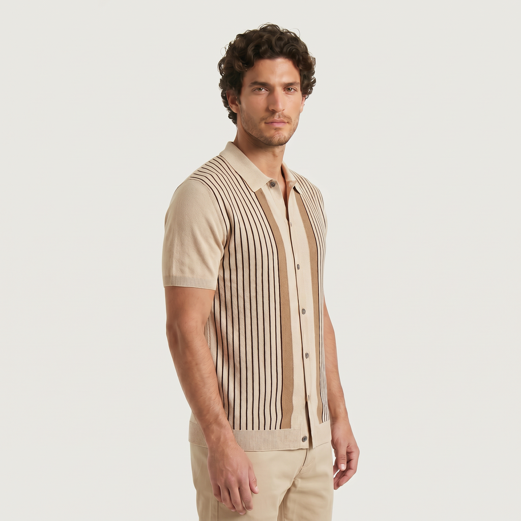 Men's Vertical Striped Full-Button Knit Polo