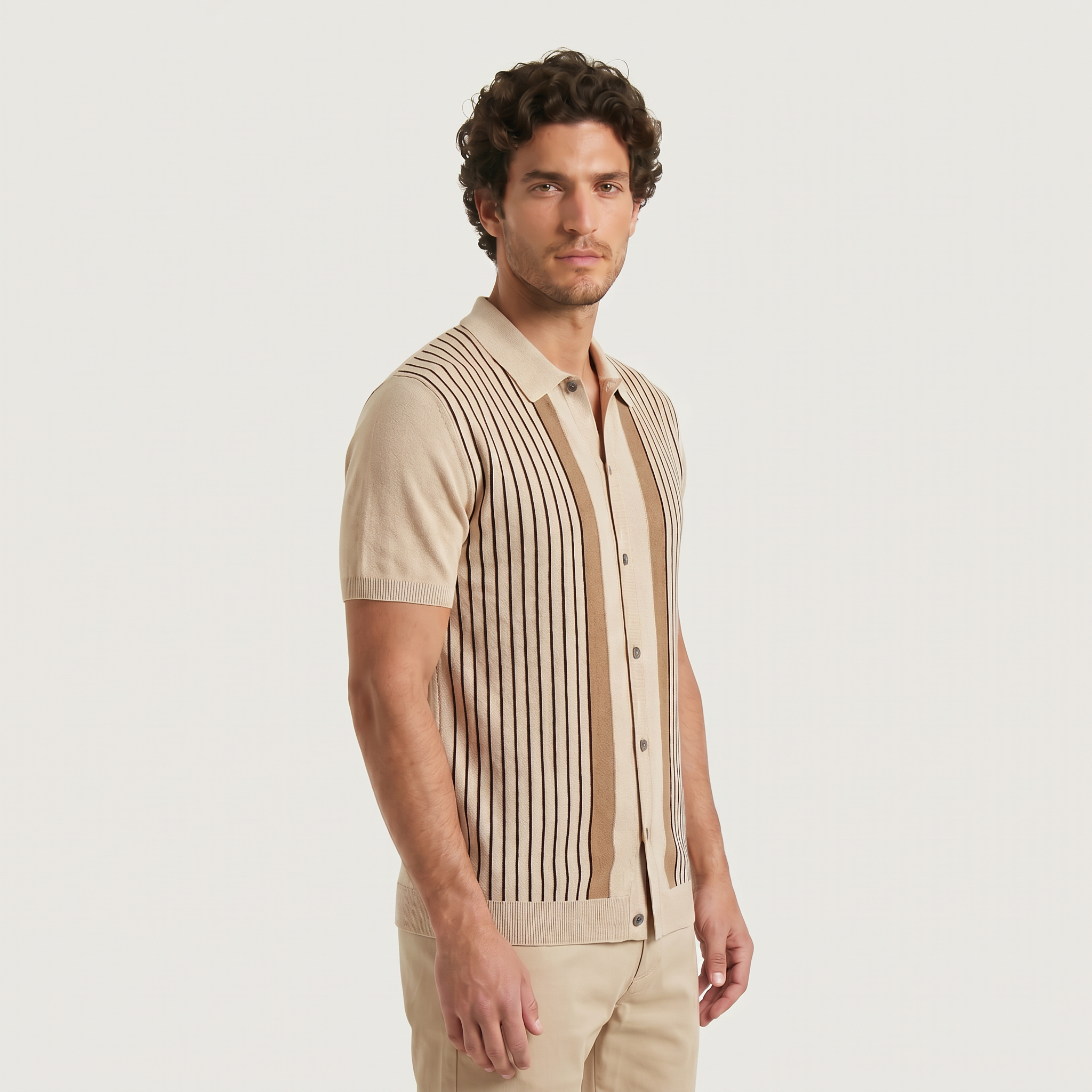 Men's Vertical Striped Full-Button Knit Polo