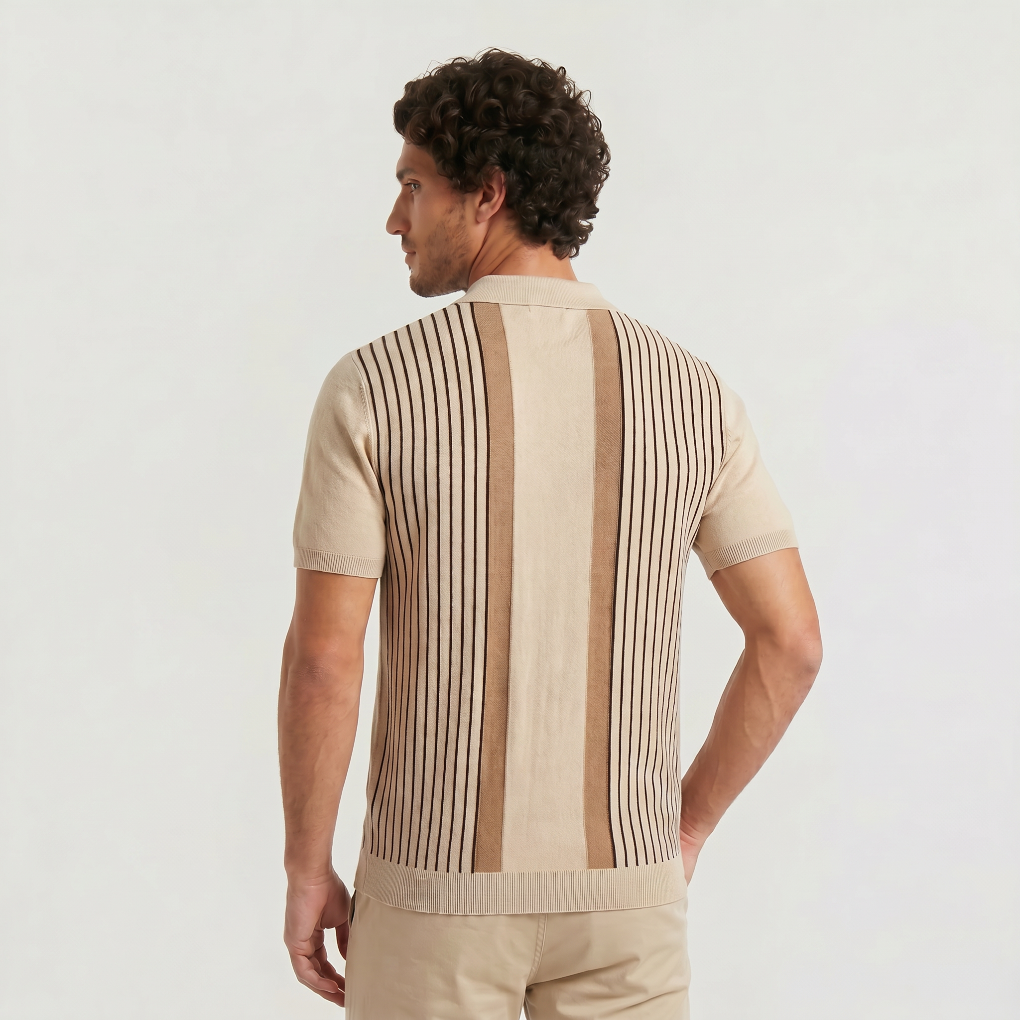 Men's Vertical Striped Full-Button Knit Polo