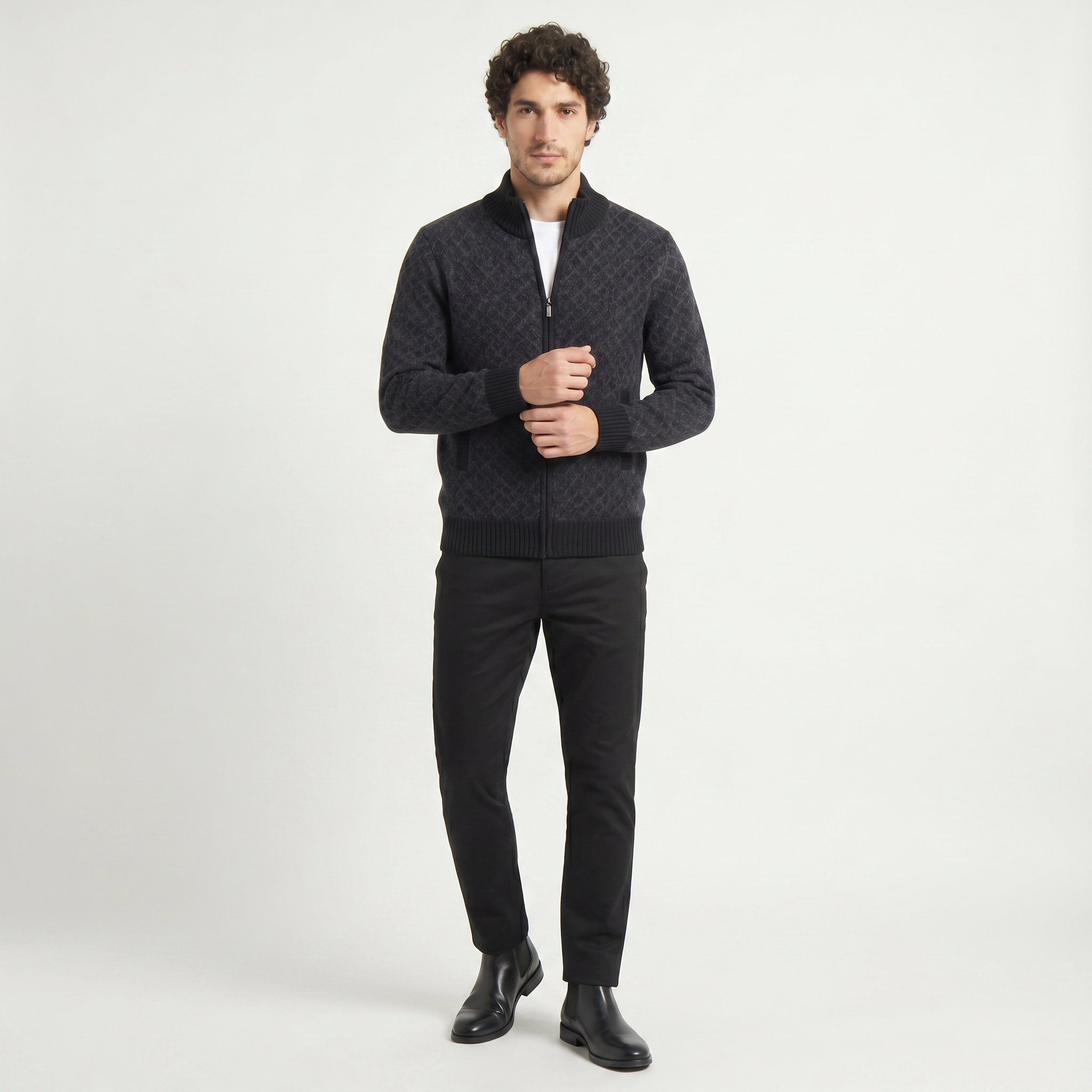 Men's Textured Zip-Up Knit Cardigan