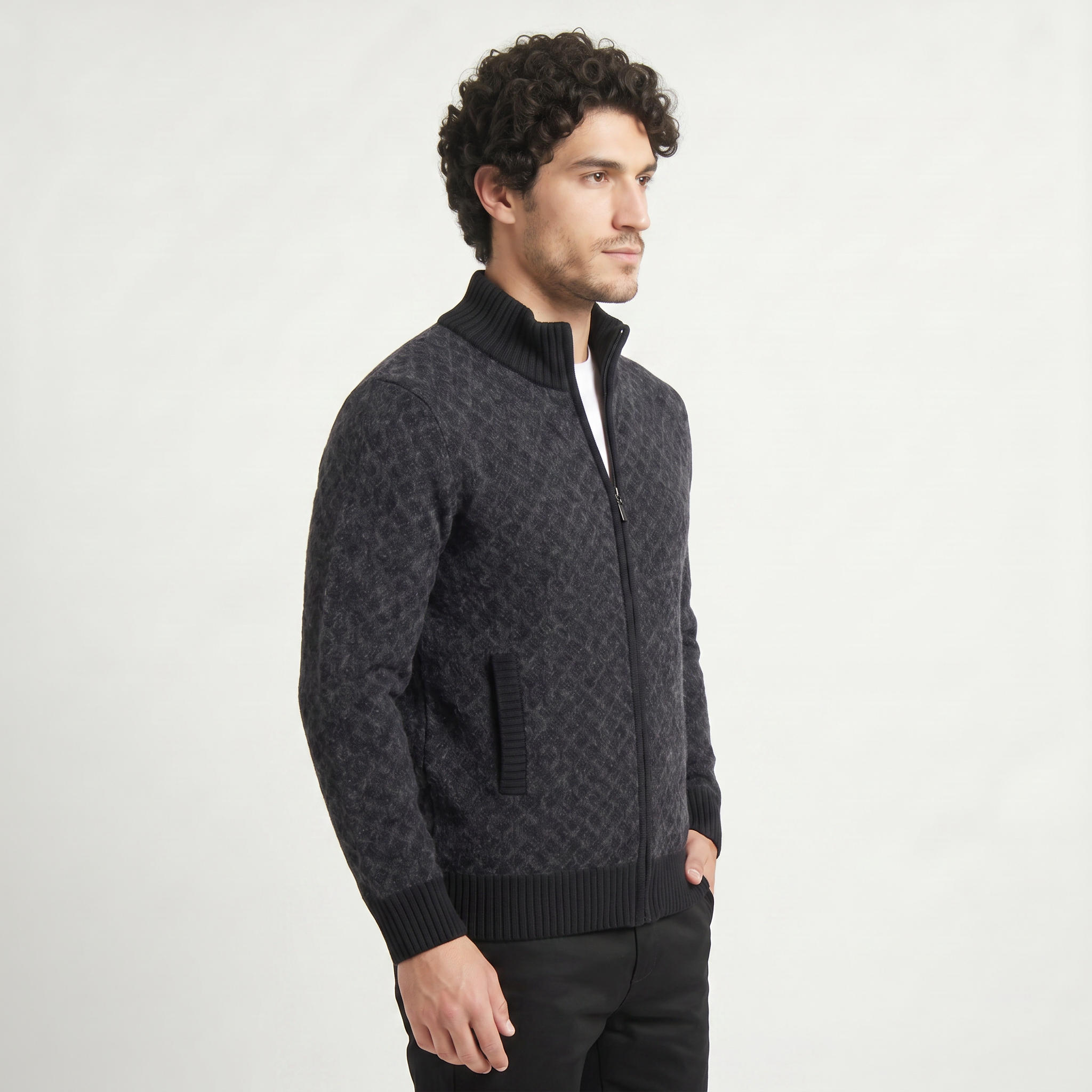 Men's Textured Zip-Up Knit Cardigan
