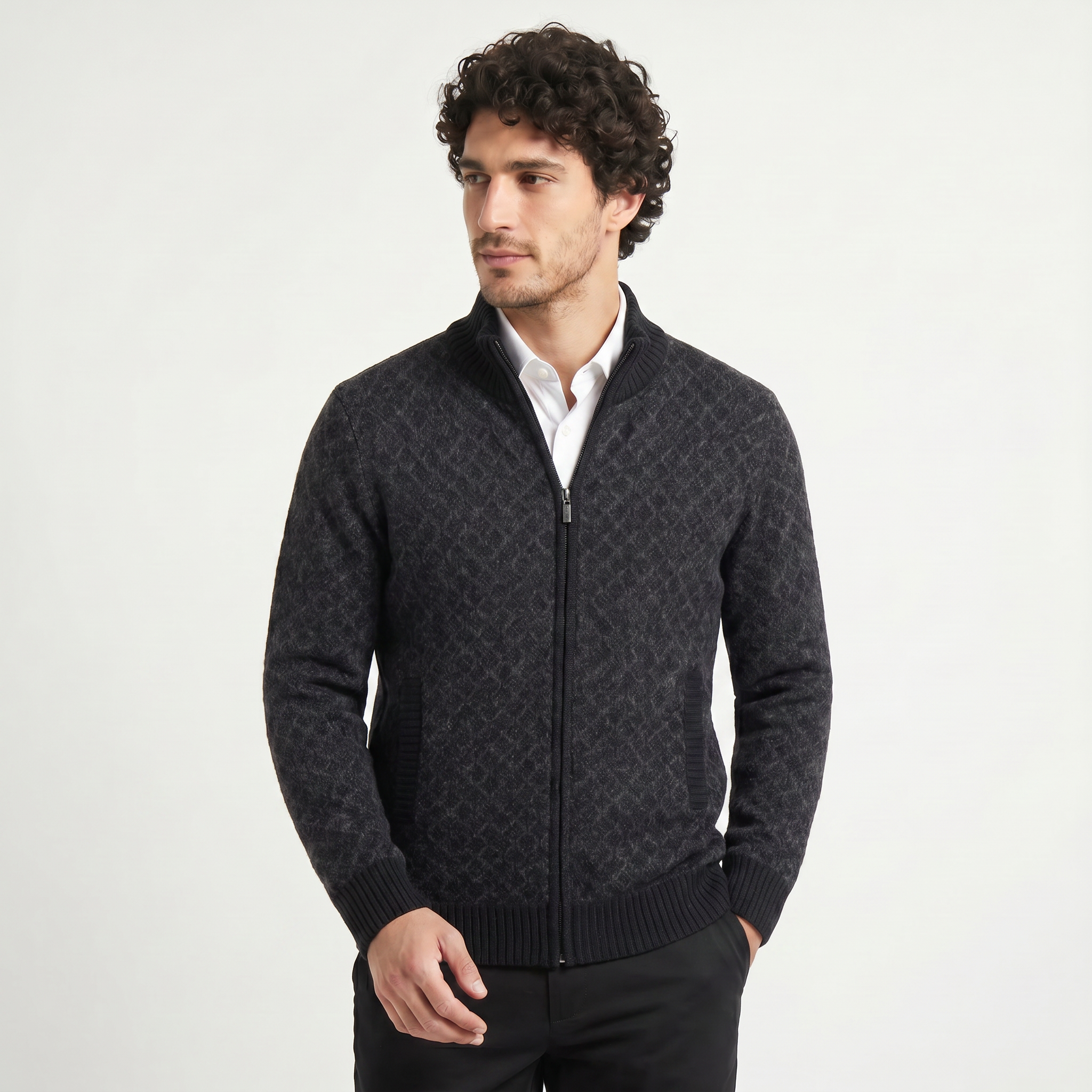 Men's Textured Zip-Up Knit Cardigan