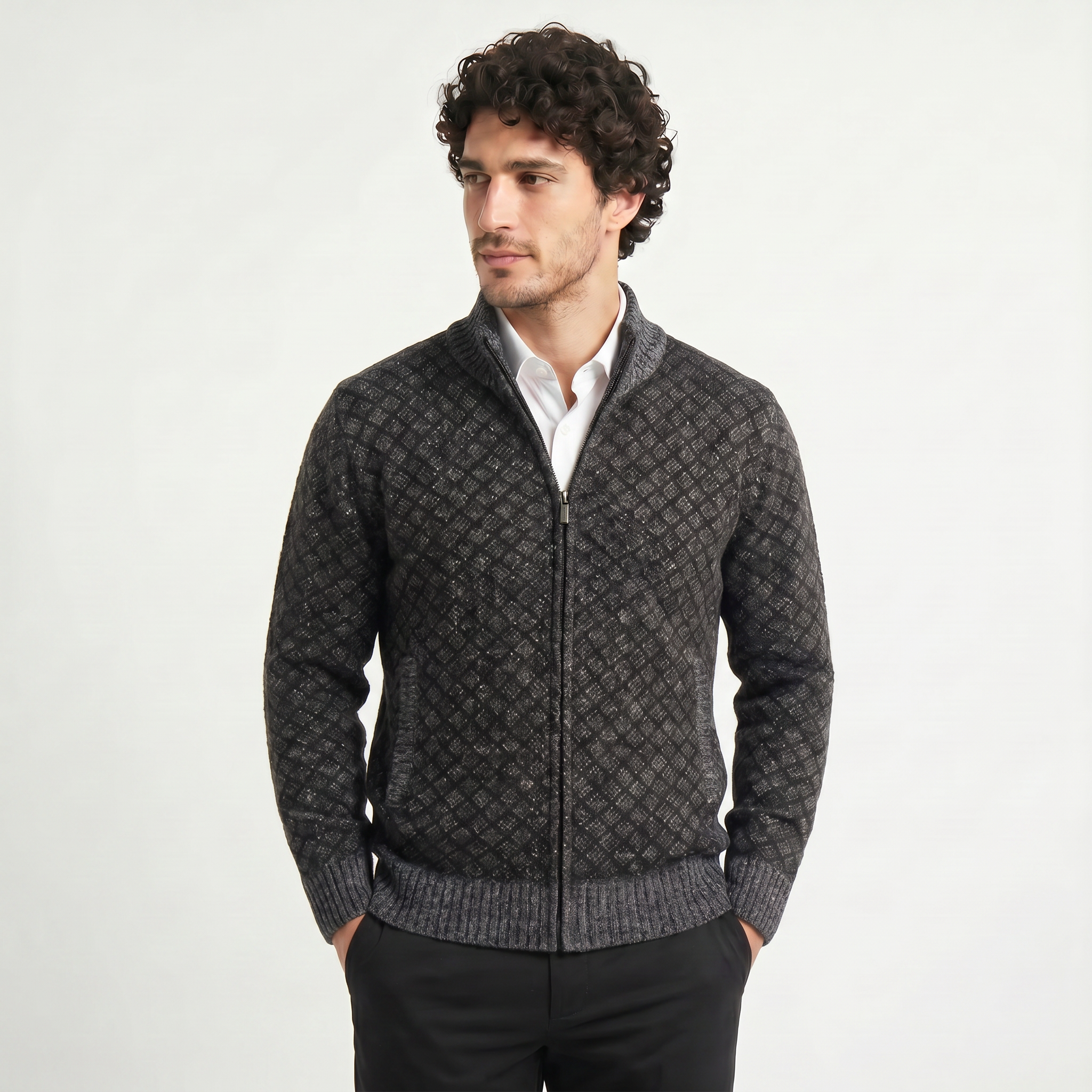 Men's Textured Zip-Up Knit Cardigan