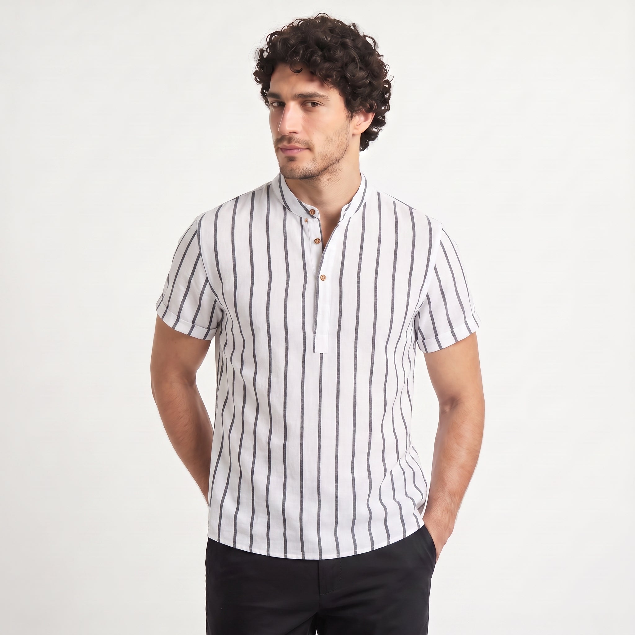 Men's Linen Blend Striped Sailor Pullover Shirt
