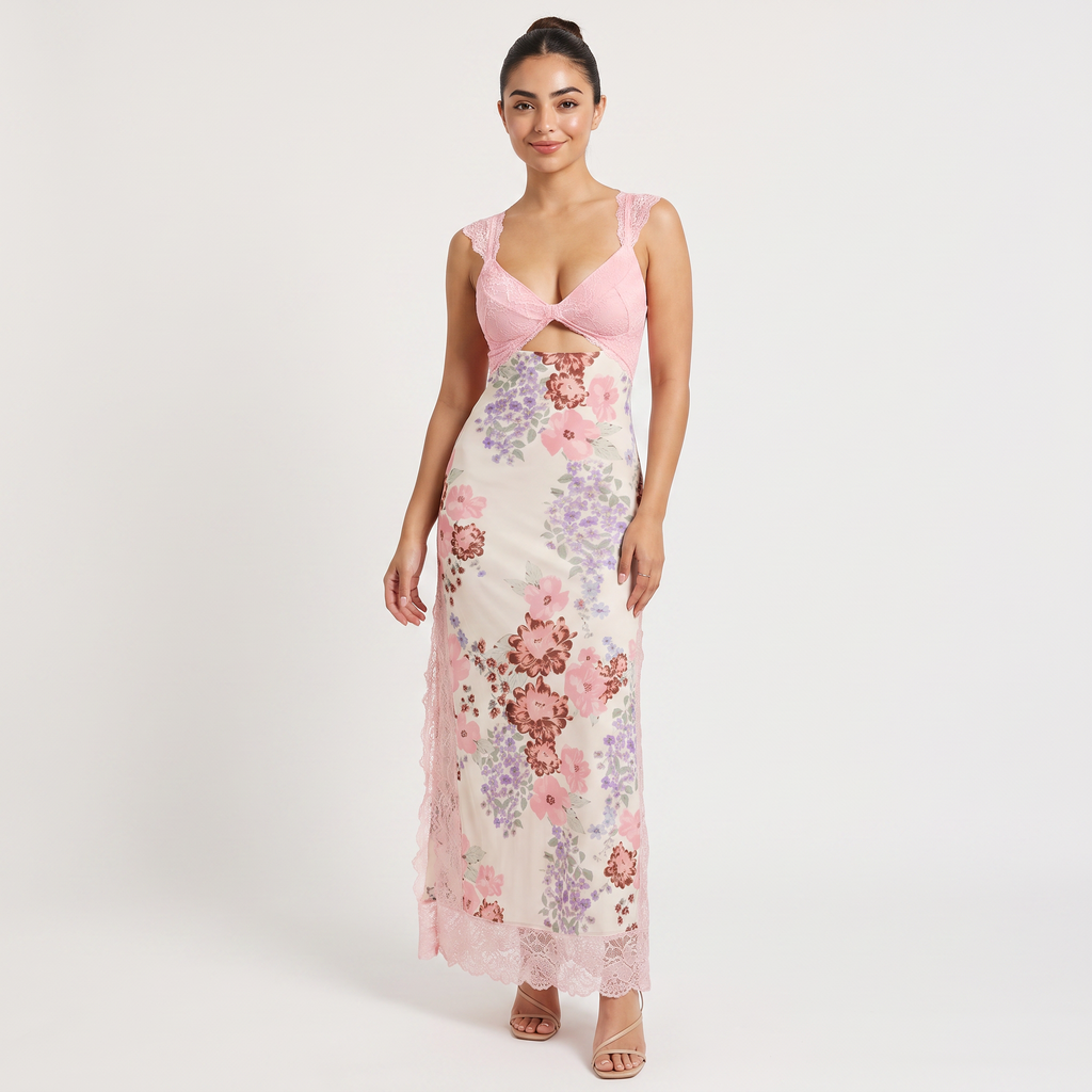 Women's Pink Floral Hollow Lace Maxi Dress