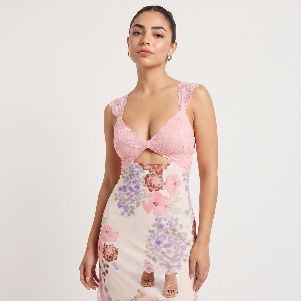 Women's Pink Floral Hollow Lace Maxi Dress