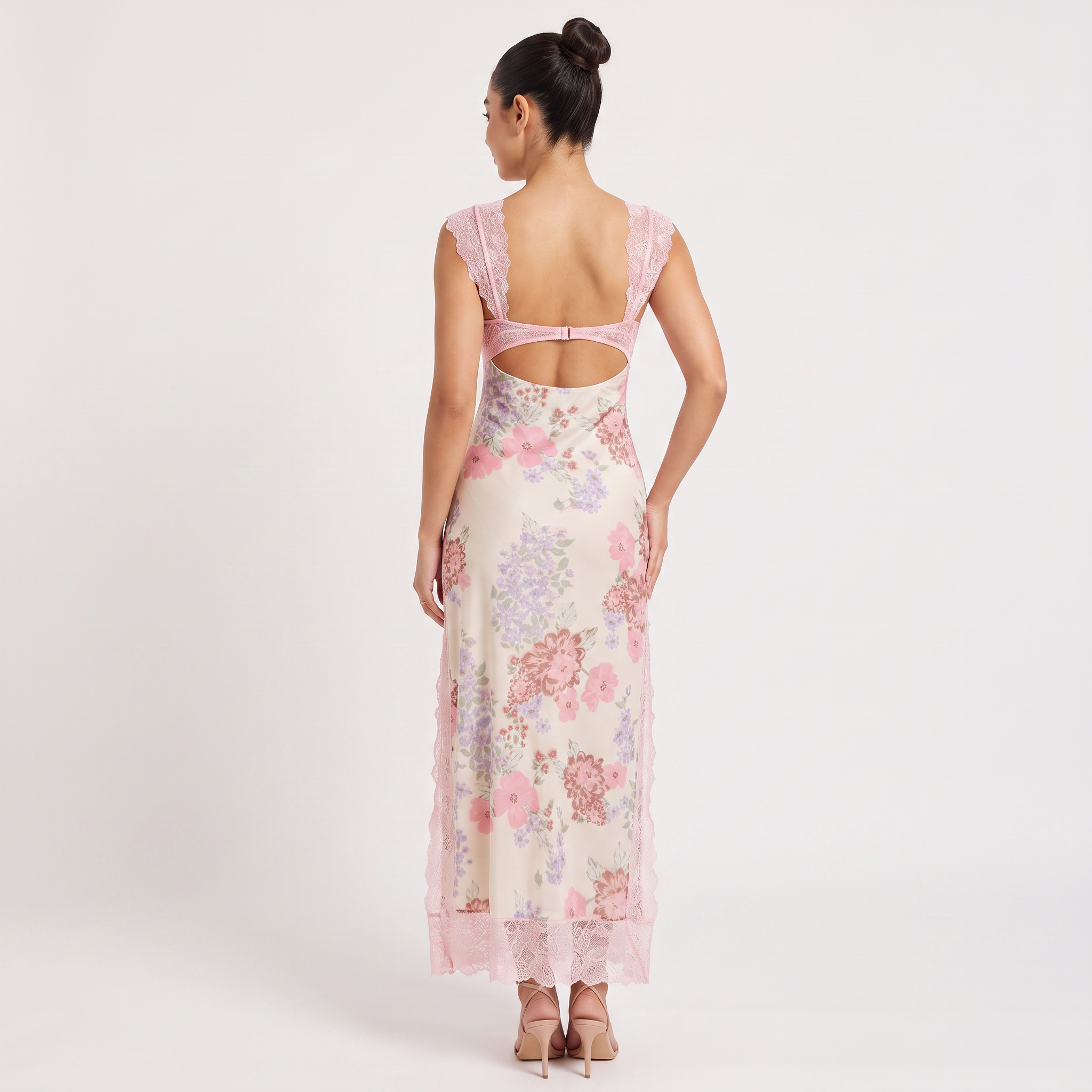Women's Pink Floral Hollow Lace Maxi Dress