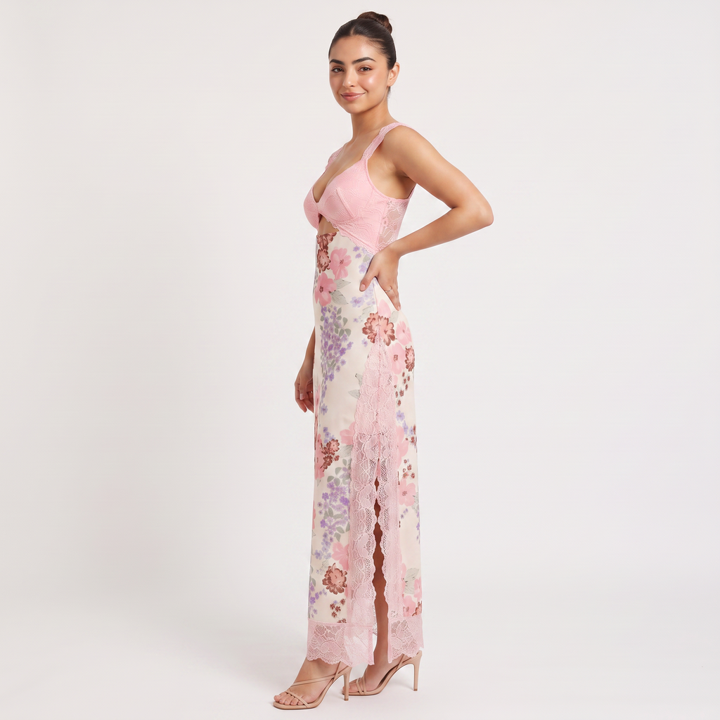 Women's Pink Floral Hollow Lace Maxi Dress