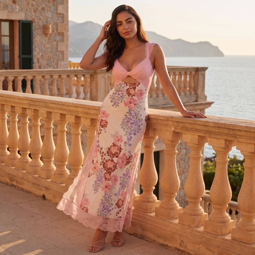 Women's Pink Floral Hollow Lace Maxi Dress