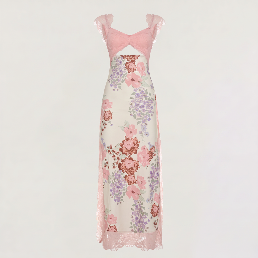 Women's Pink Floral Hollow Lace Maxi Dress