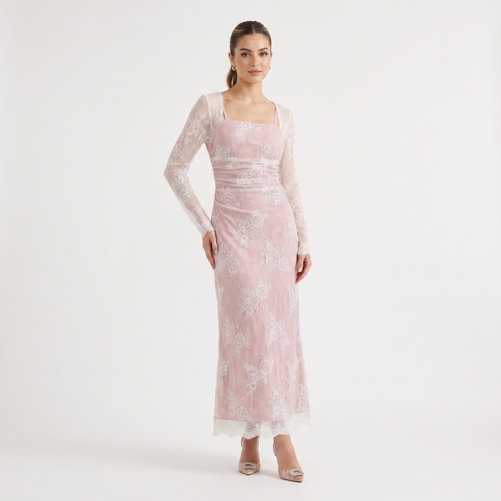 Women's Square Neck Embroidered Long-Sleeve Maxi Dress