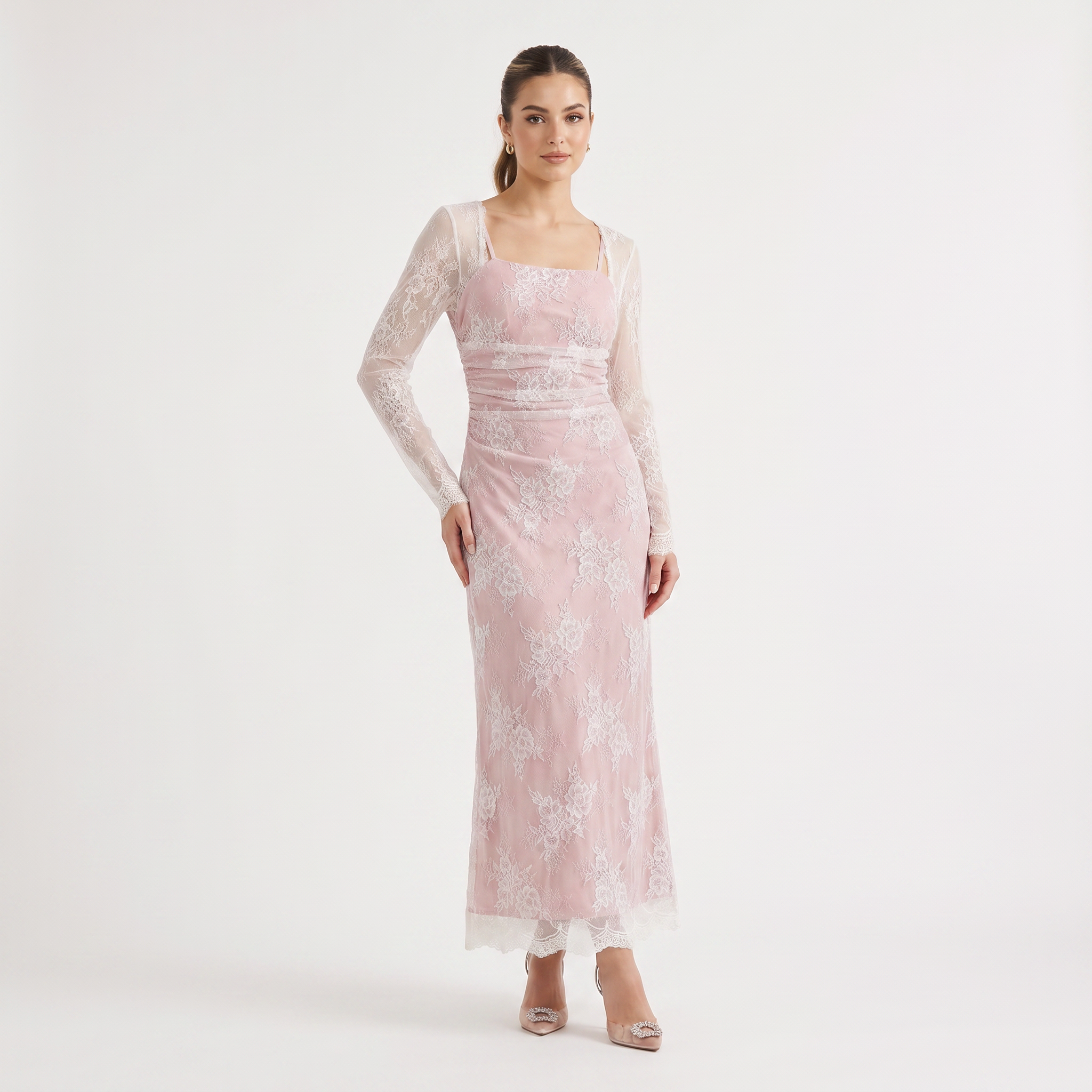 Women's Square Neck Embroidered Long-Sleeve Maxi Dress