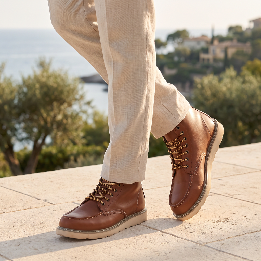 Men's Faux Leather Moc Toe Lace-Up Ankle Boots