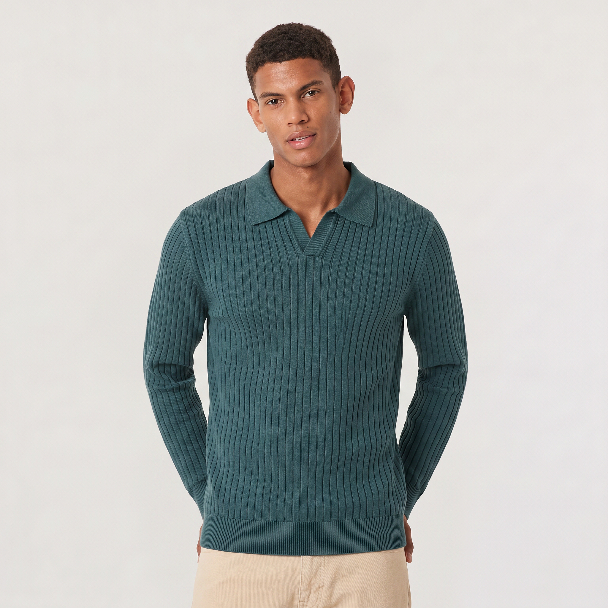 Men's V-Neck Knitted Polo Sweater