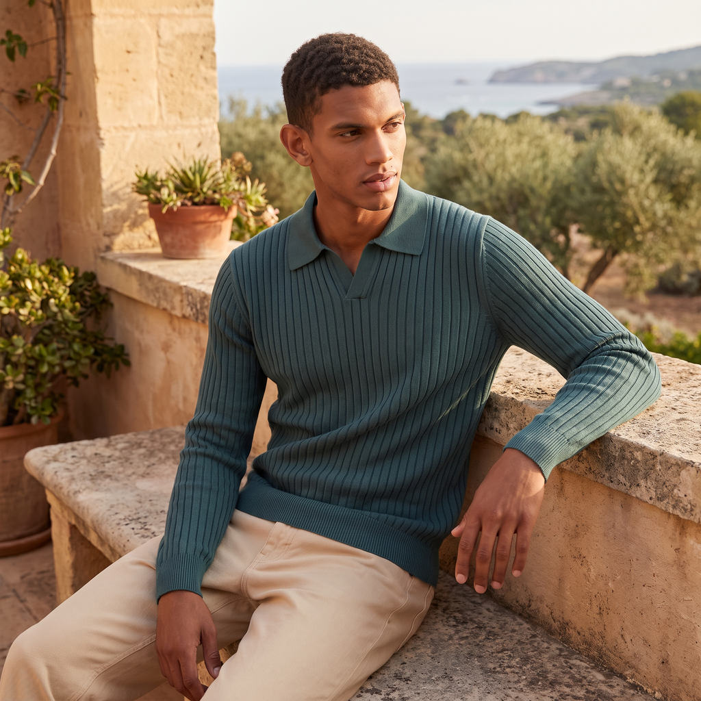 Men's V-Neck Knitted Polo Sweater