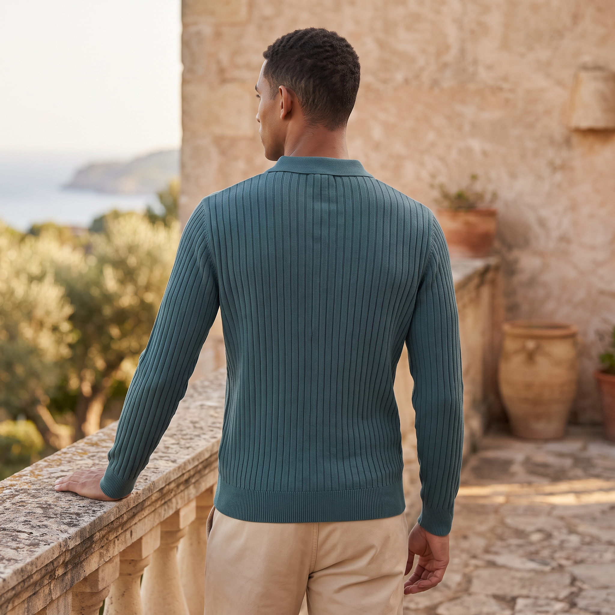 Men's V-Neck Knitted Polo Sweater