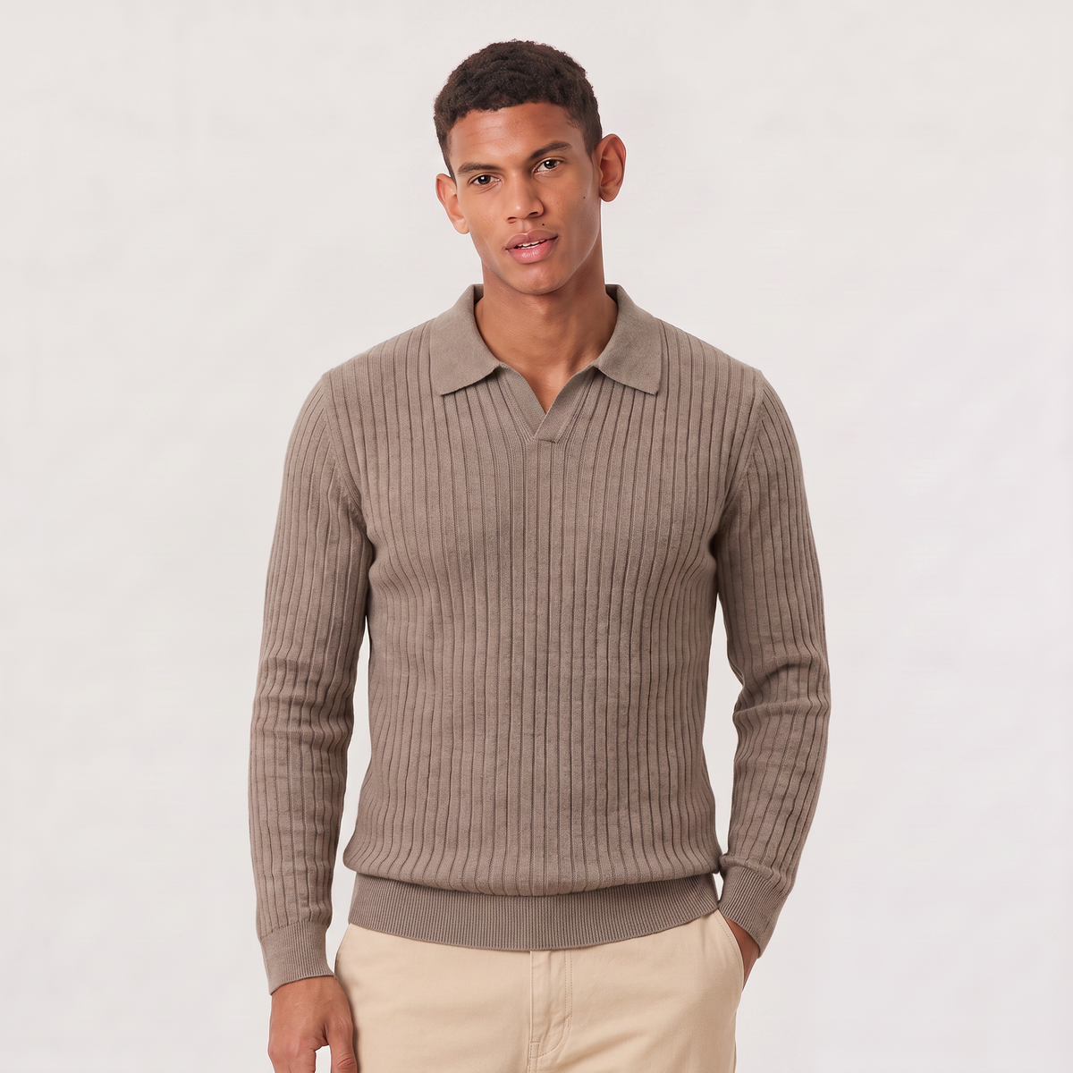 Men's V-Neck Knitted Polo Jumper