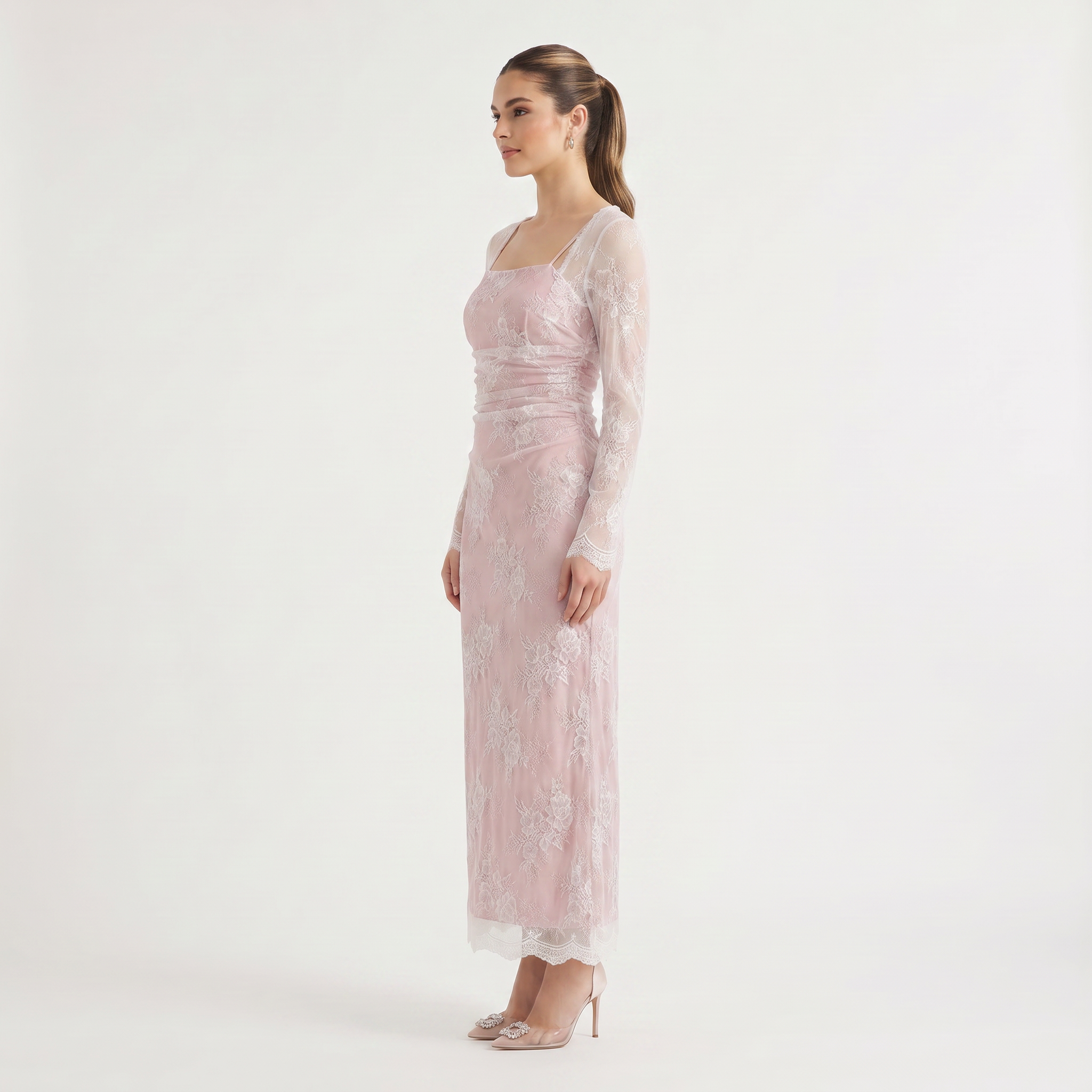 Women's Square Neck Embroidered Long-Sleeve Maxi Dress