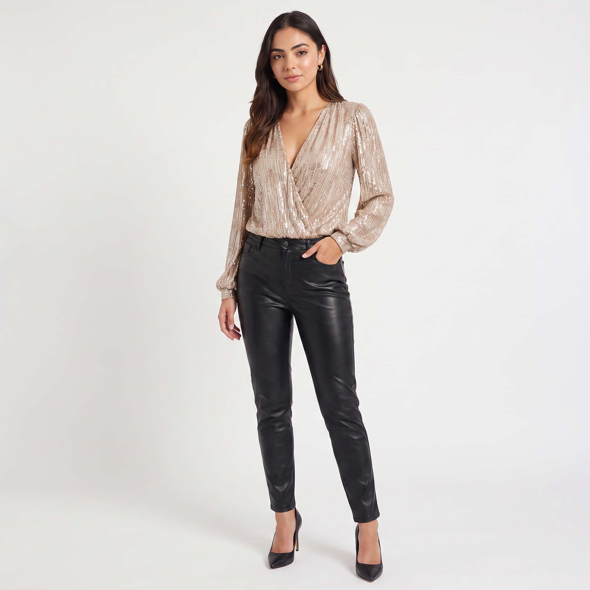 Women's Long Sleeve Sequin V-Neck Blouse