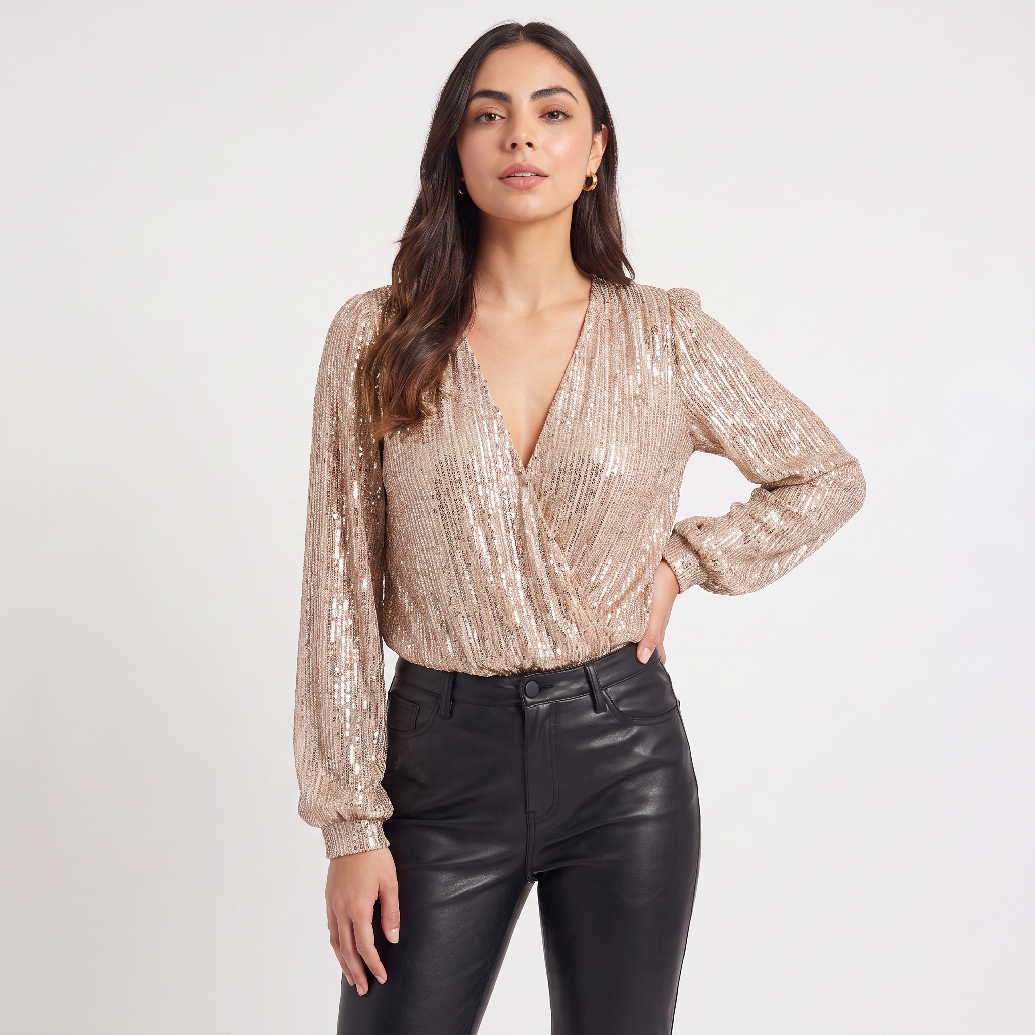 Women's Long Sleeve Sequin V-Neck Blouse