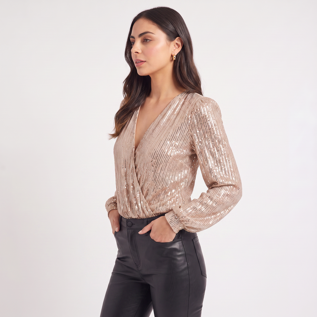 Women's Long Sleeve Sequin V-Neck Blouse
