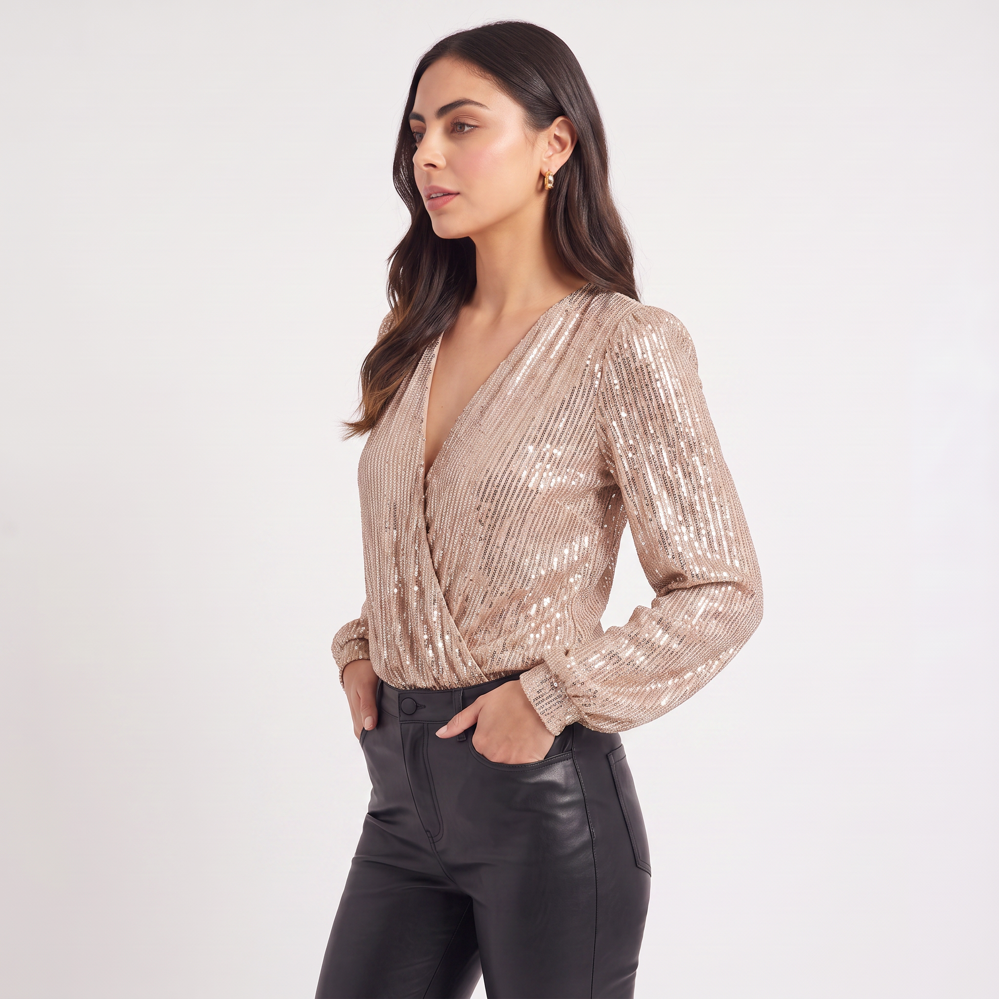 Women's Long Sleeve Sequin V-Neck Blouse