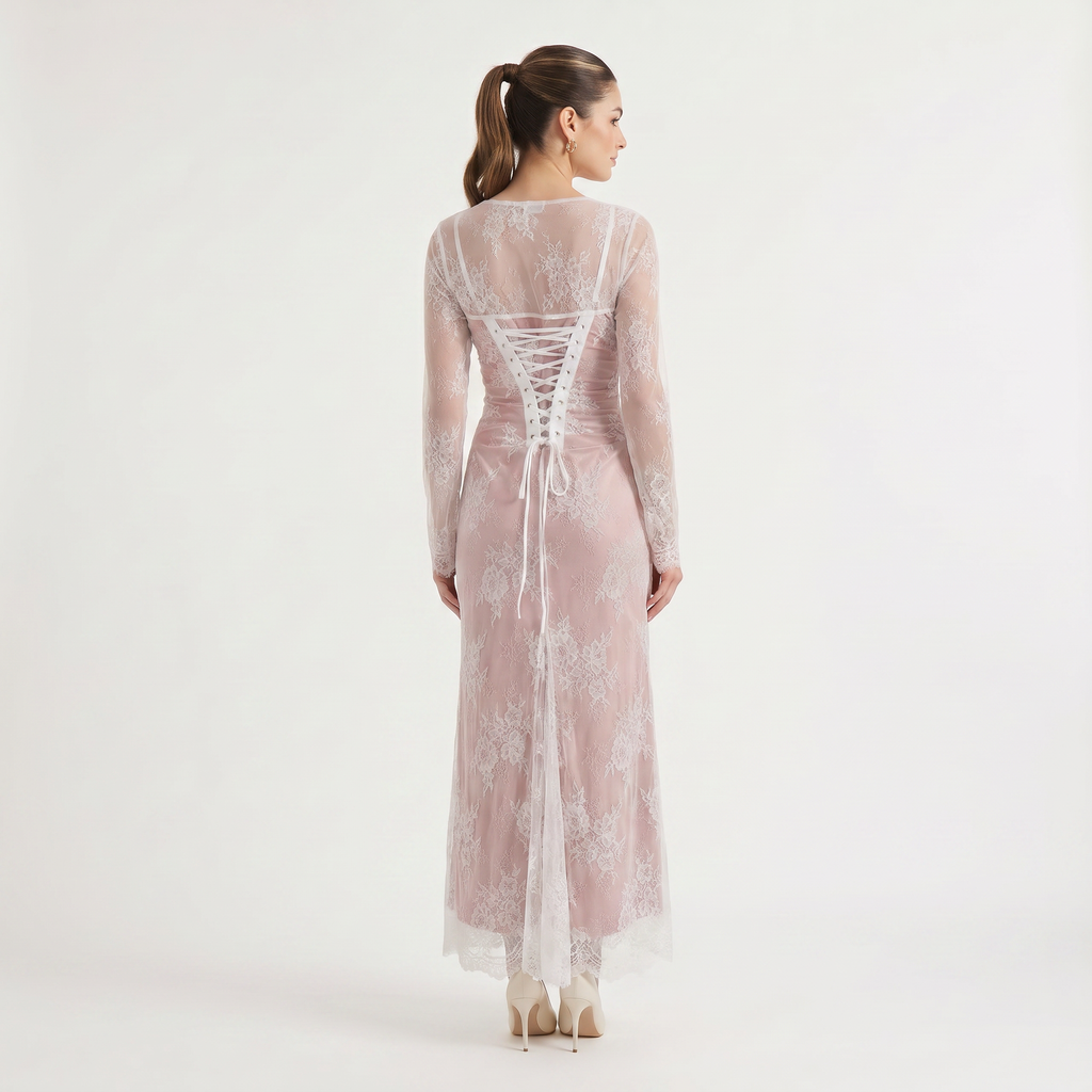 Women's Square Neck Embroidered Long-Sleeve Maxi Dress