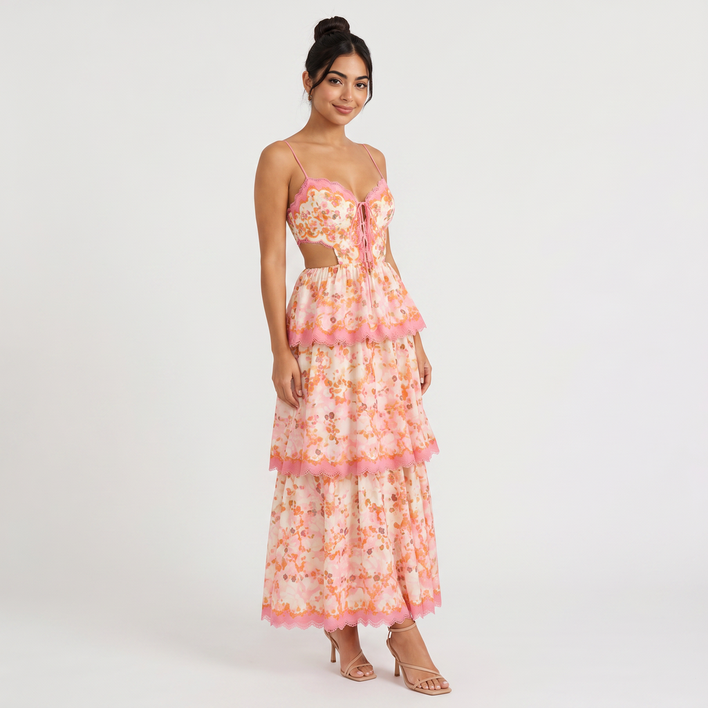 Women's Patterned Maxi Ruffle Dress