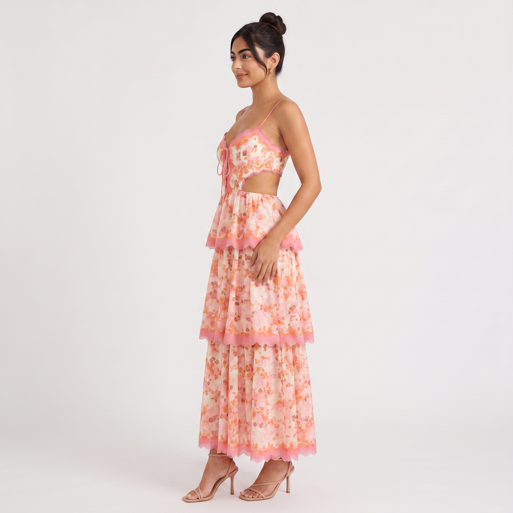 Women's Patterned Maxi Ruffle Dress